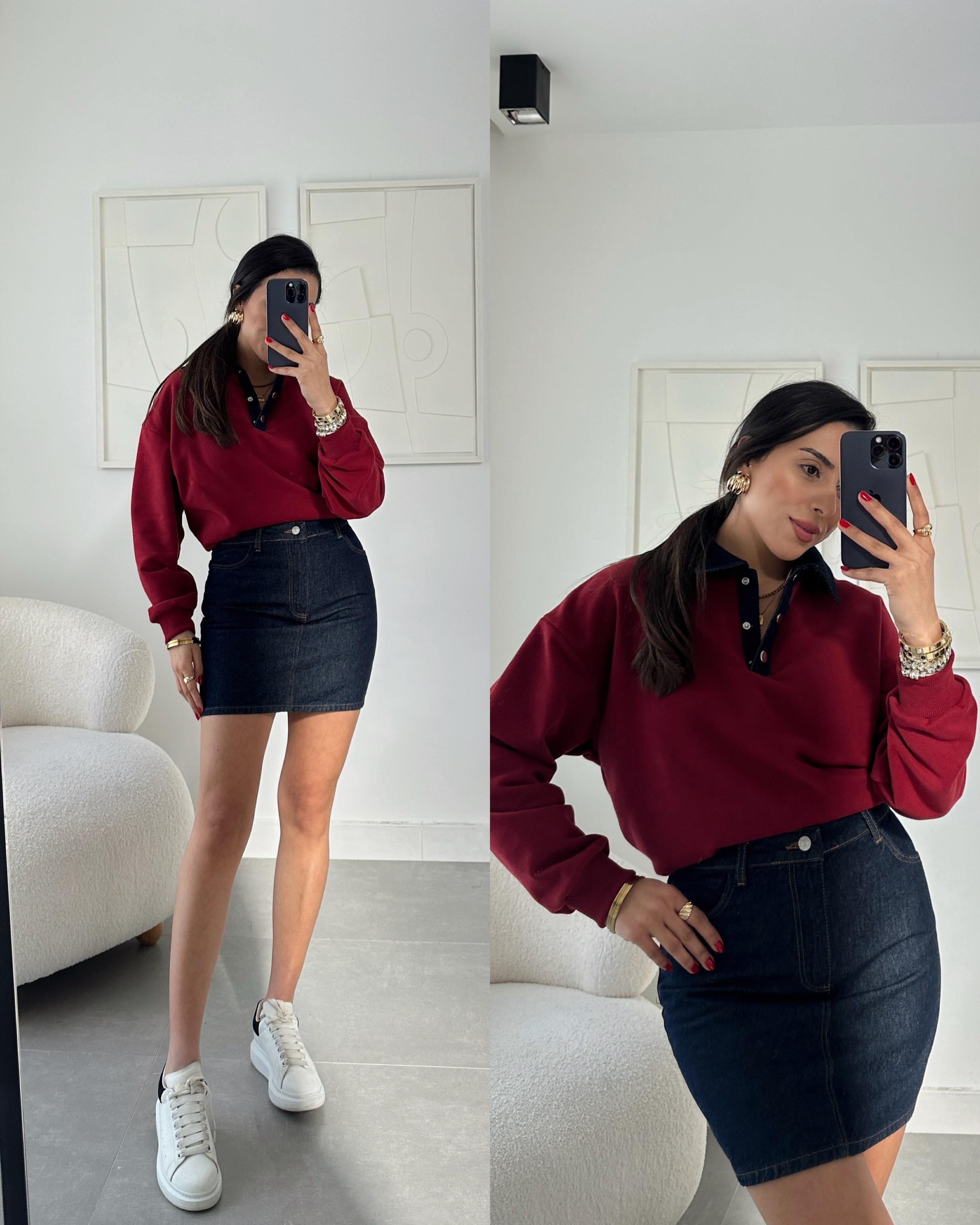 Bordo Yakası Kot Detaylı Sweat