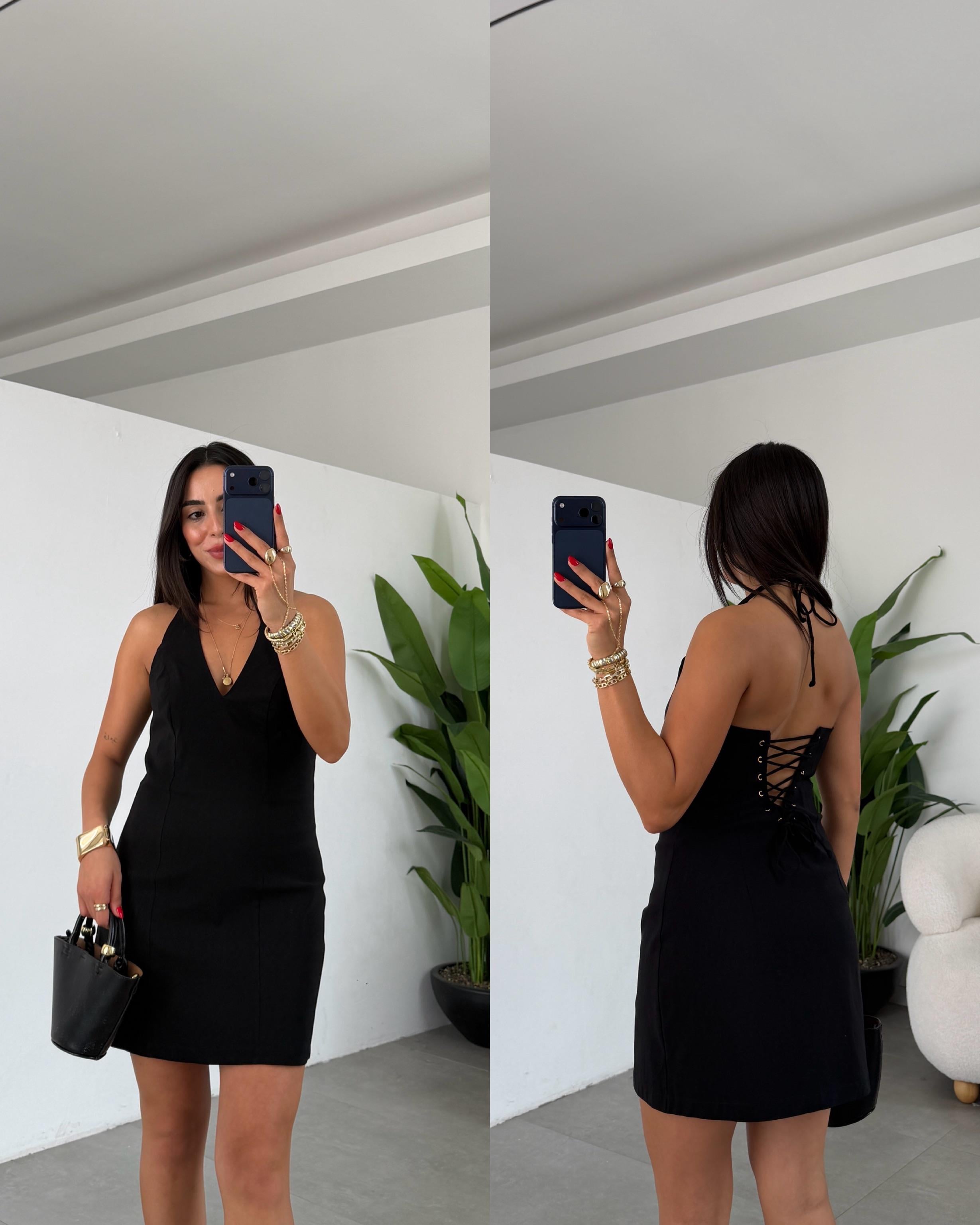 Boyundan Bağlamalı Sırt Detaylı Likralı Elbise