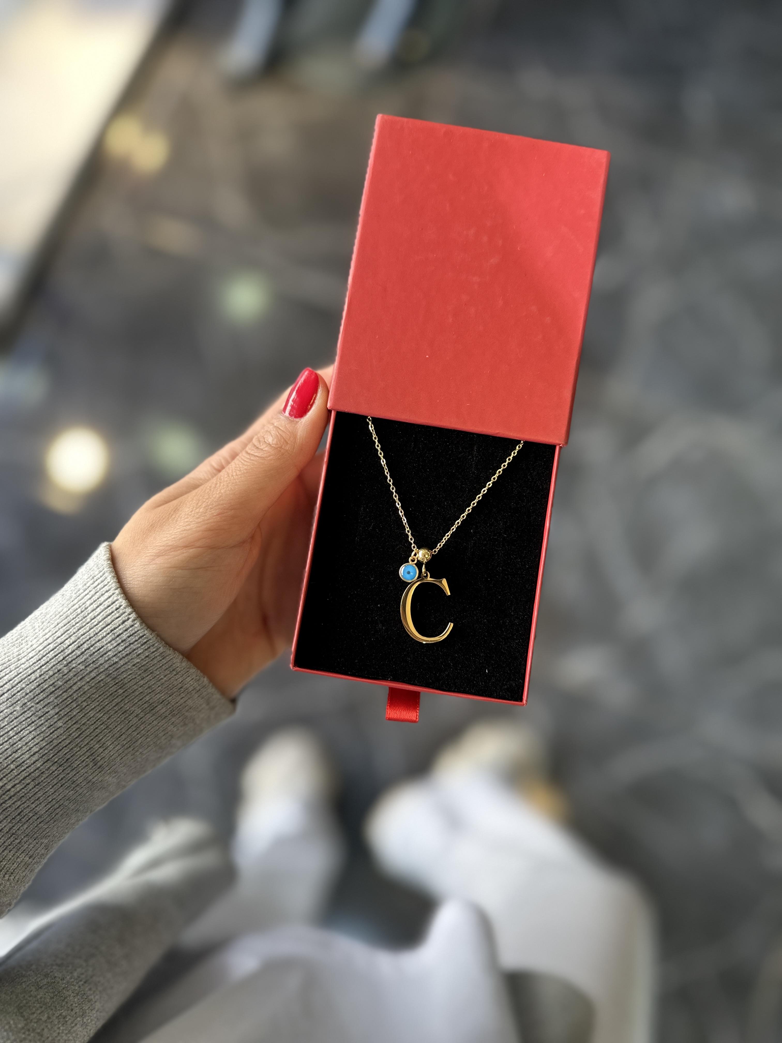 C Gold Nazar Boncuklu Harf Çelik Kolye