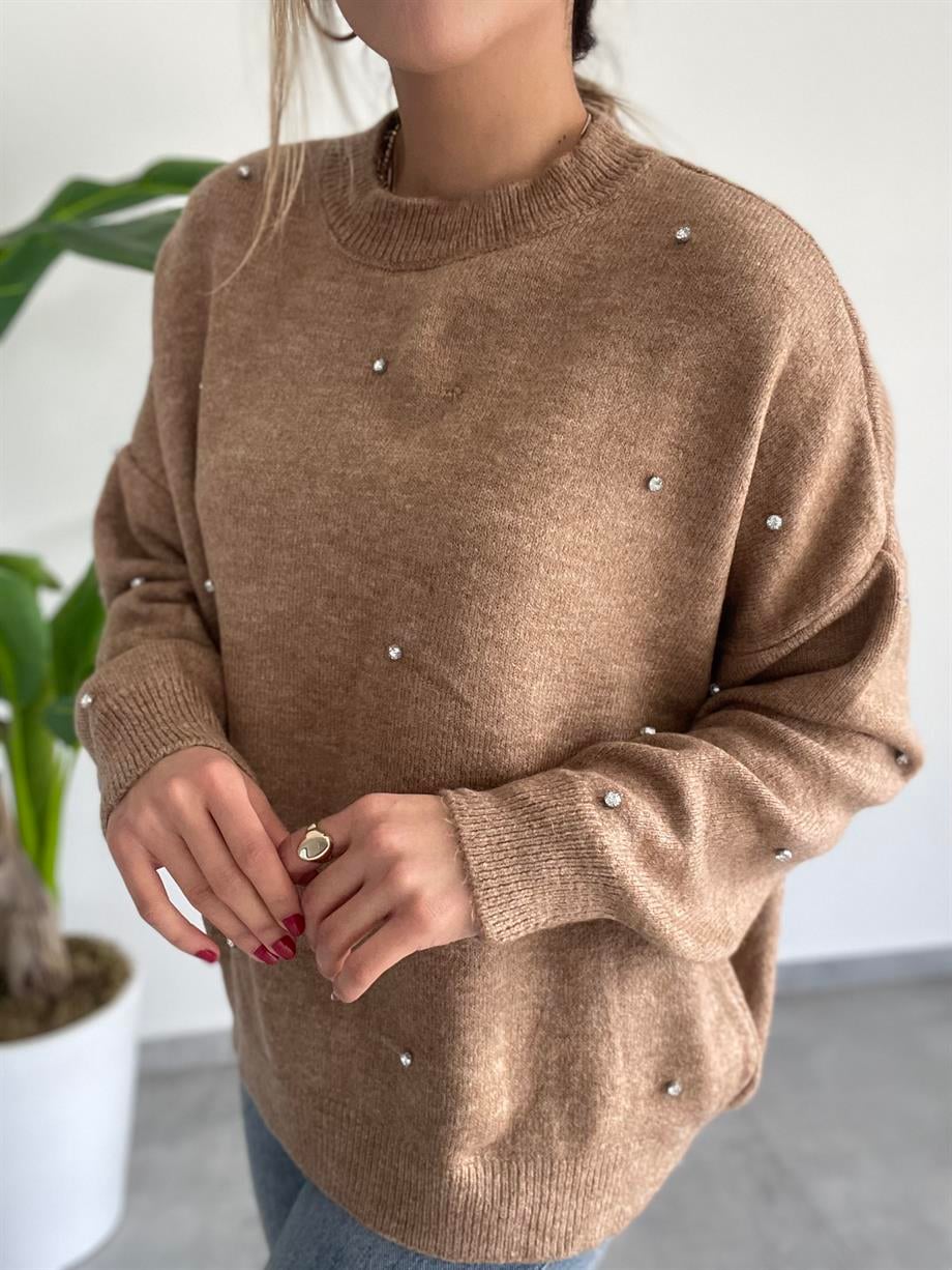 Camel  Bisiklet Yaka Salaş Taşlı Kazak