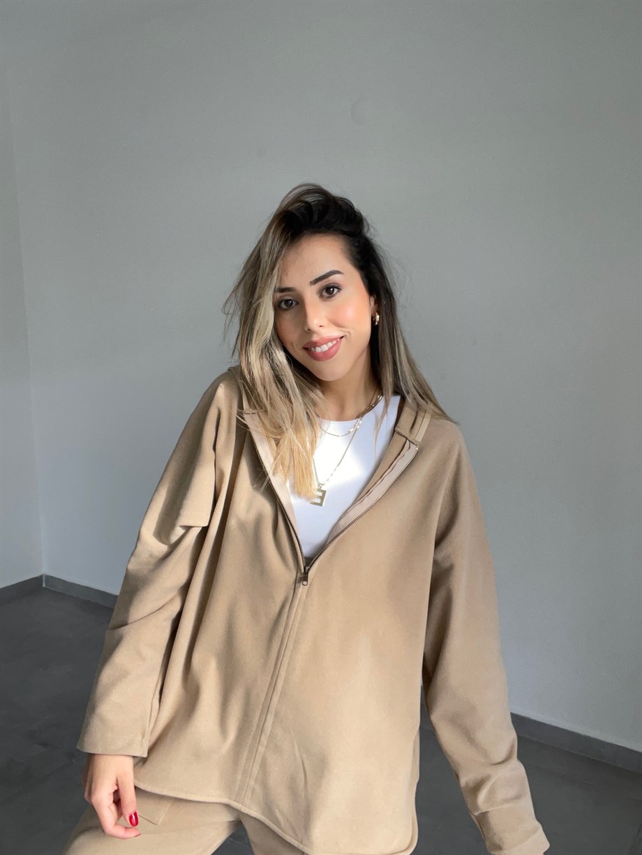 Camel Fermuar Detaylı Polar Sweatshirt