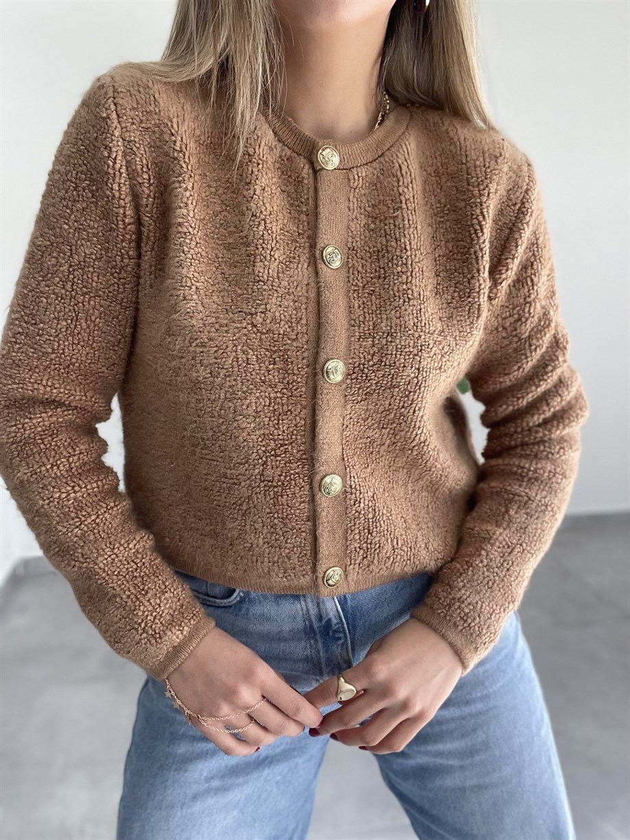 Camel  Gold Düğmeli Peluş Hırka