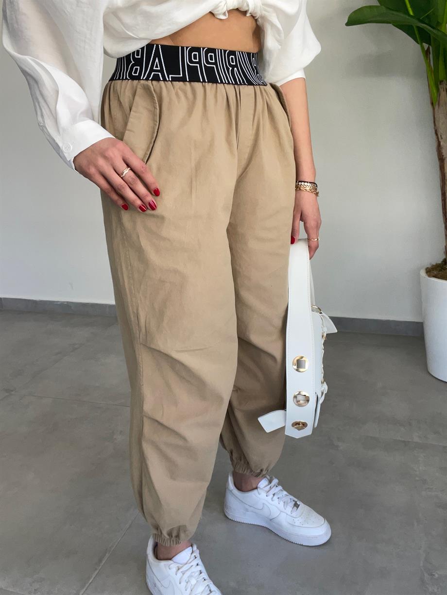 Camel Lastik Kemerli Dizi Pensli Tasarım Jogger Pantolon