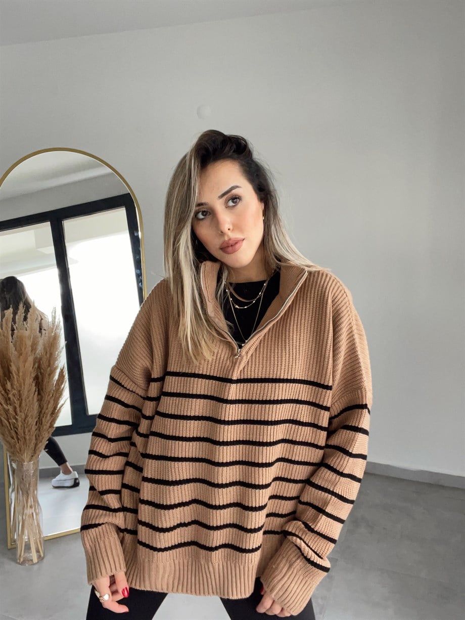 Camel-Siyah Çizgili Fermuarlı Triko Kazak