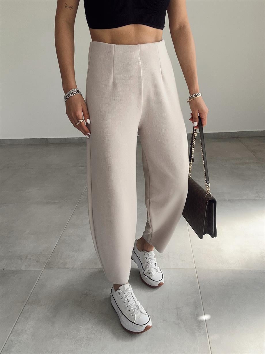 Cendy Krep Kemersiz Bej Balon Pantolon