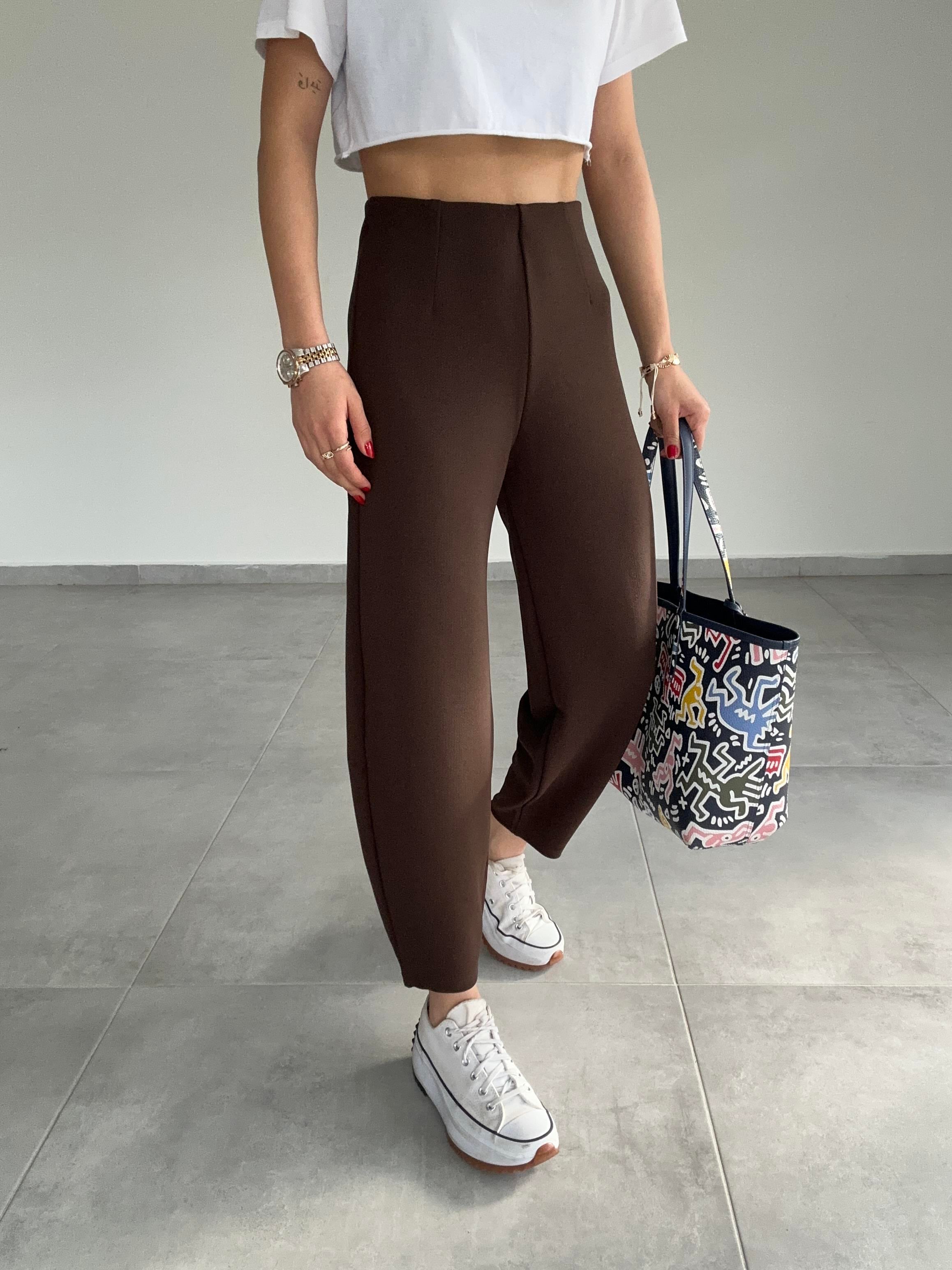 Cendy Krep Kemersiz Kahve Balon Pantolon