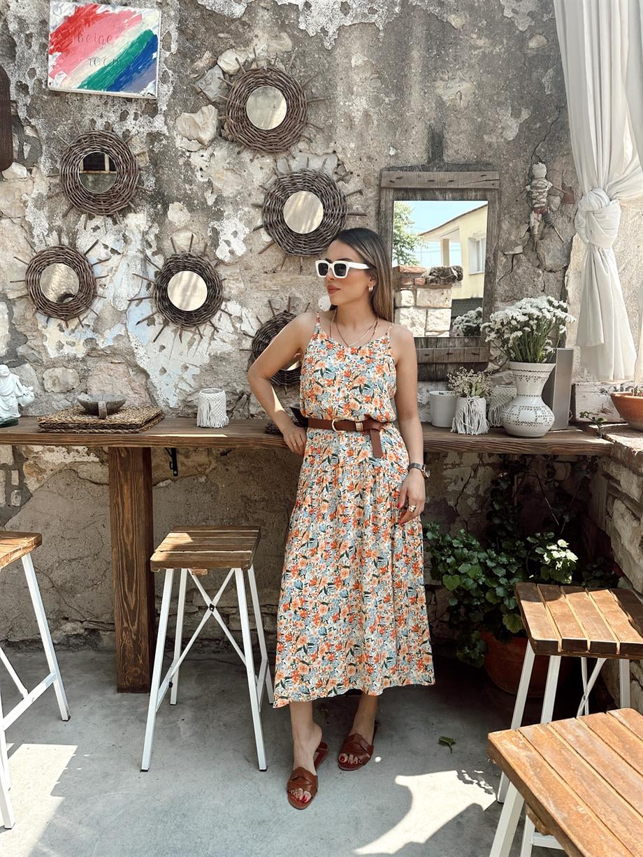 Çiçek Desenli Askılı Elbise