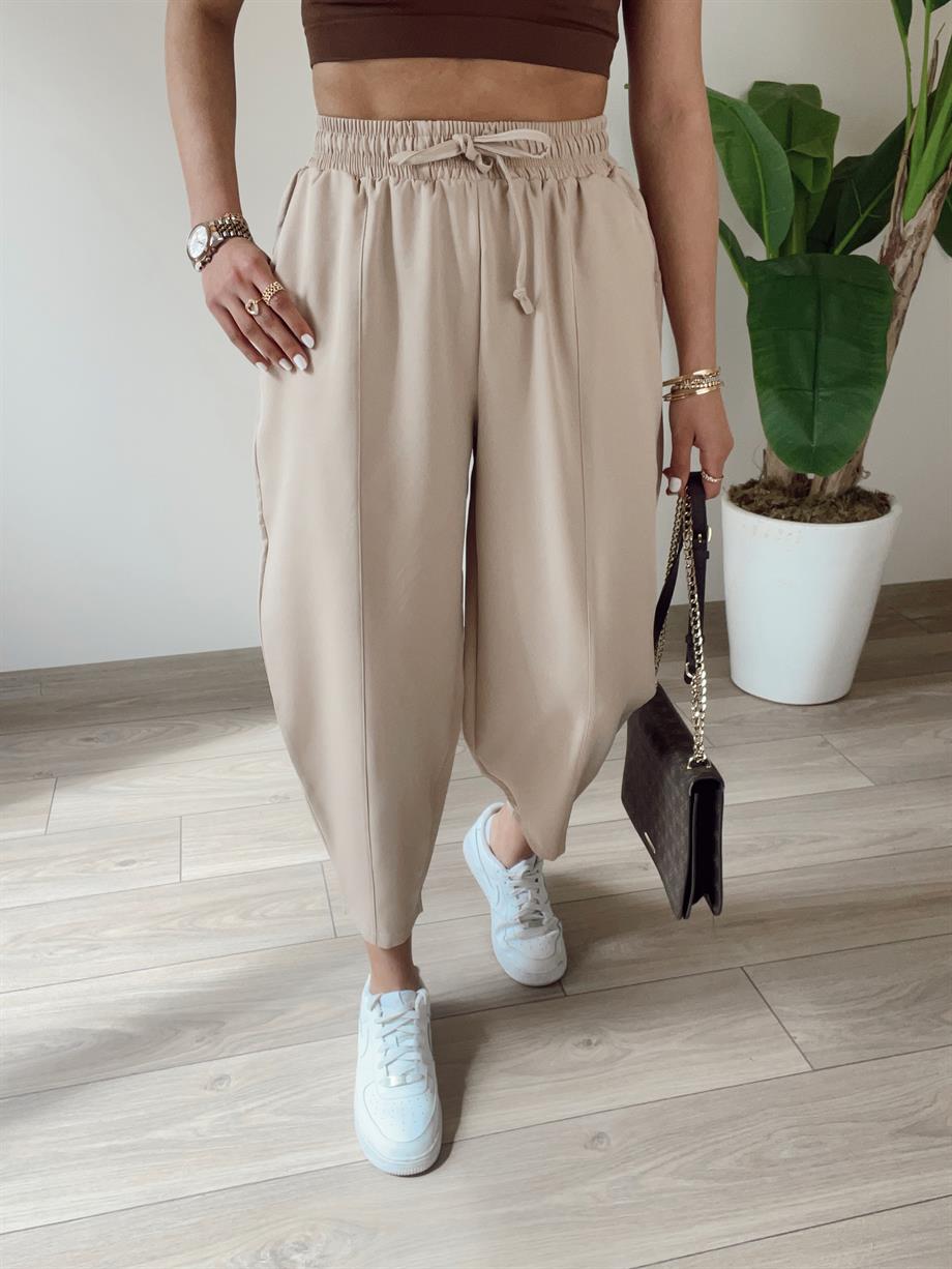 Cindy Bej Beli Lastikli  Şalvar Pantolon