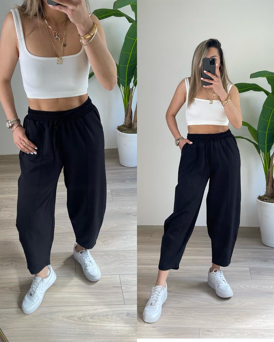 Cindy Siyah Beli Lastikli  Şalvar Pantolon