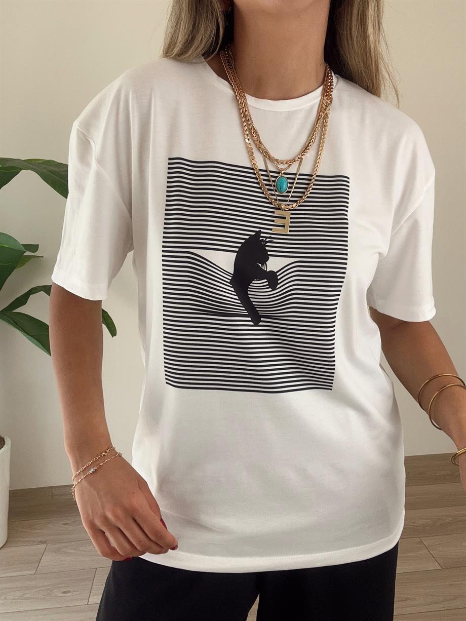 Çizgili Desen Ekru Tişört