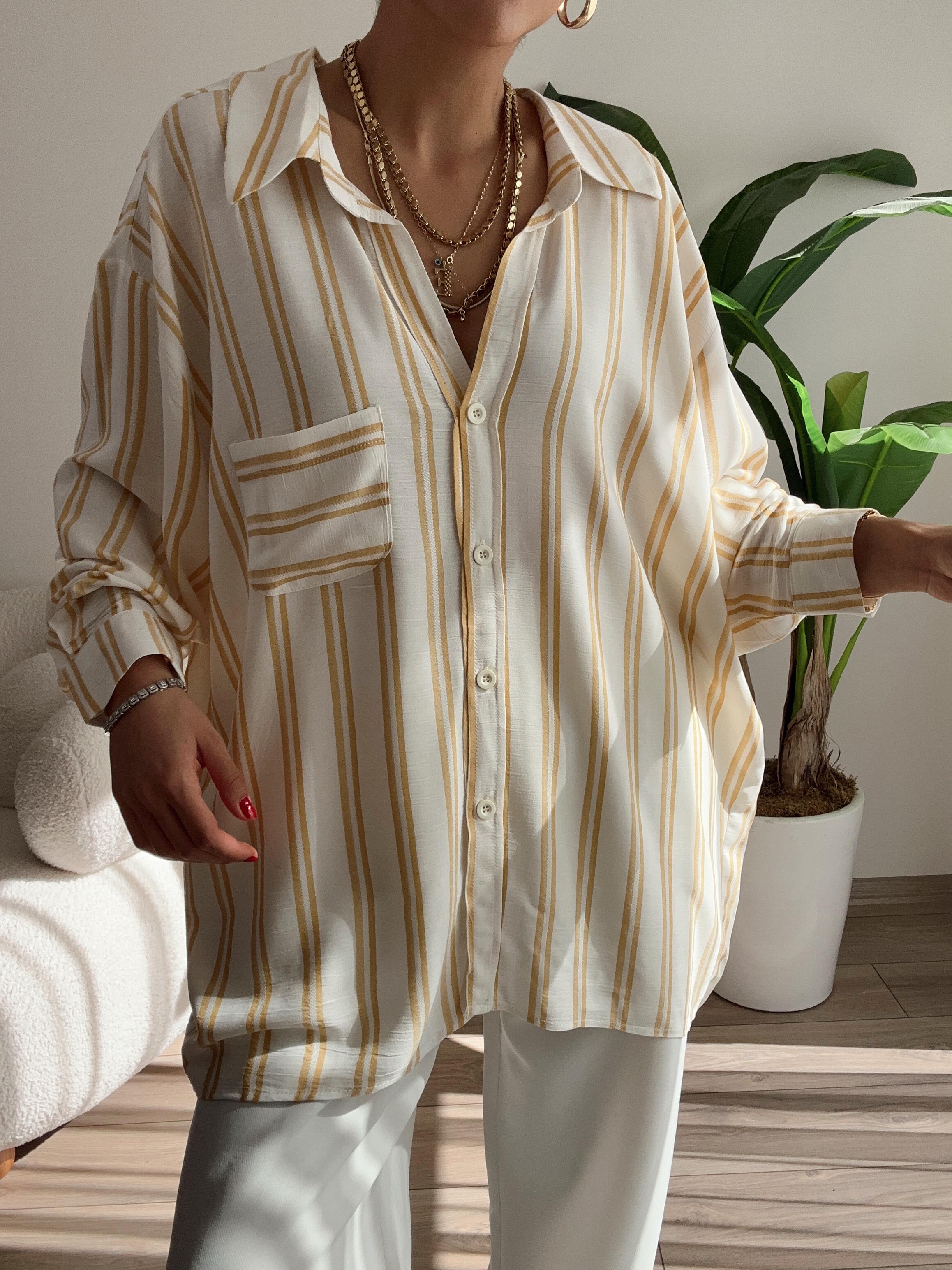 Çizgili Düşük Omuz Oversize Gömlek