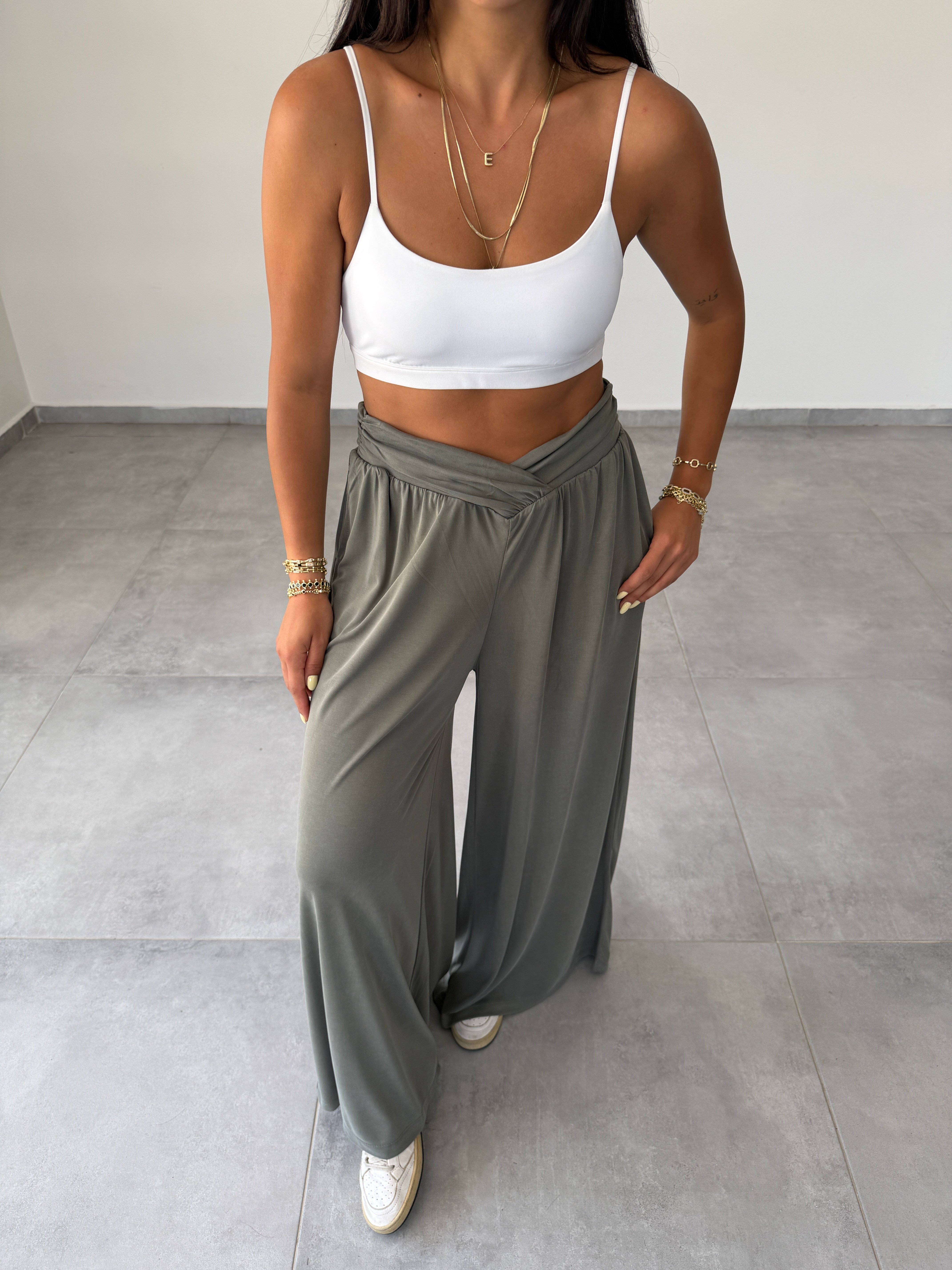 Comfort Haki Kruvaze Bel Detaylı Modal Bol Paça Pantolon