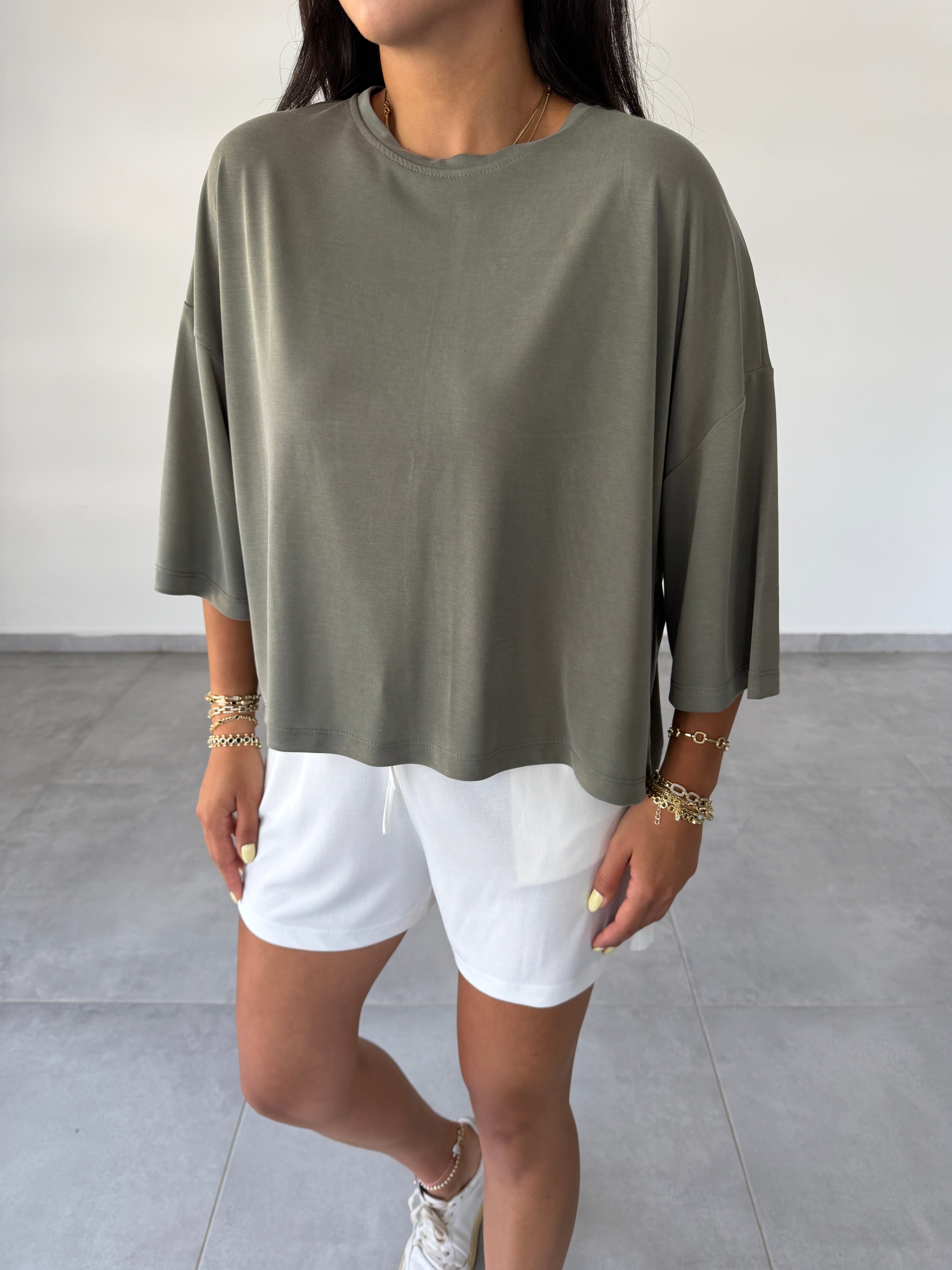 Comfort Haki Modal Düşük Kol T-Shirt
