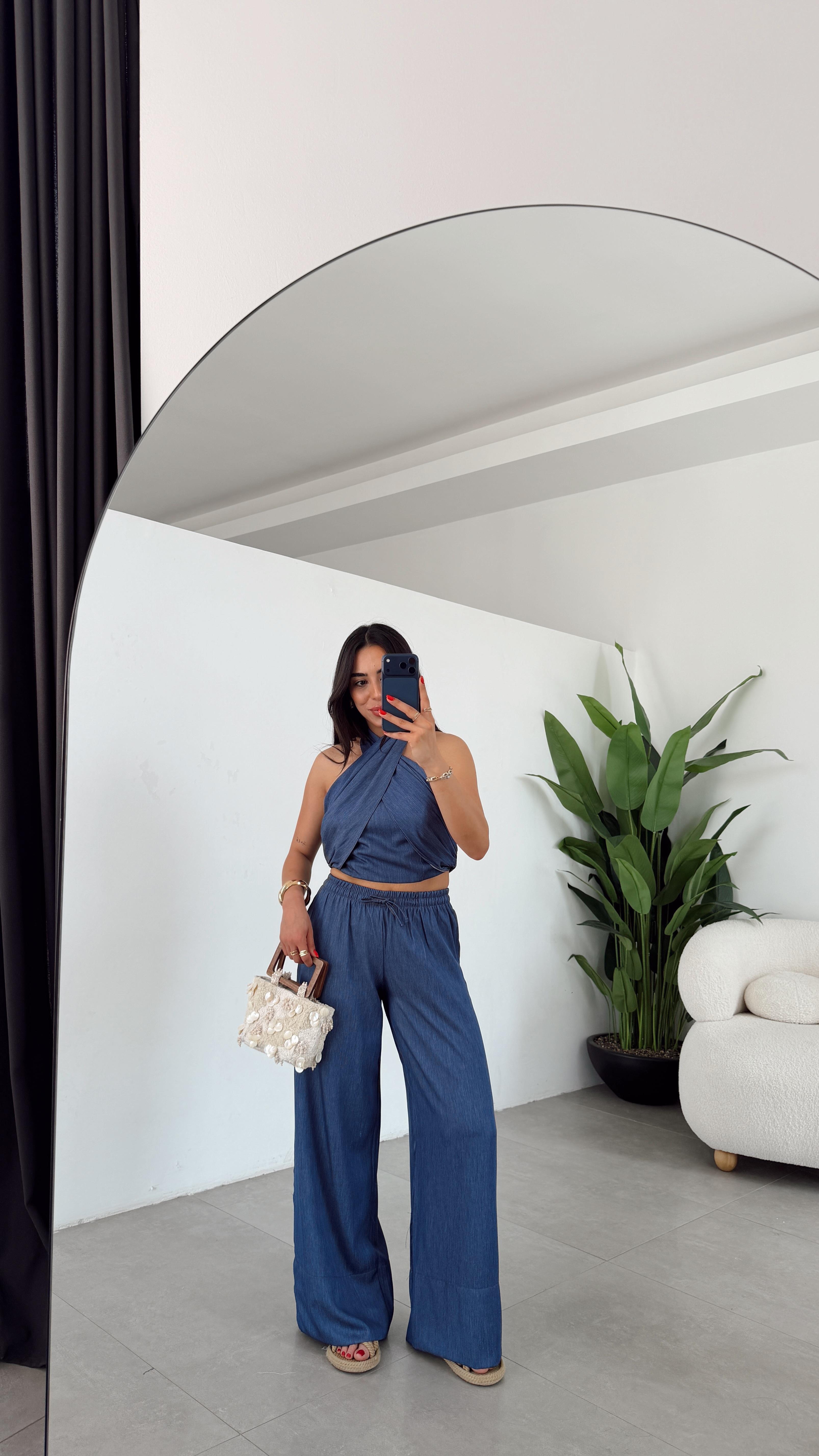Denim Halter Yaka Bluz Pantolon Takım Mavi