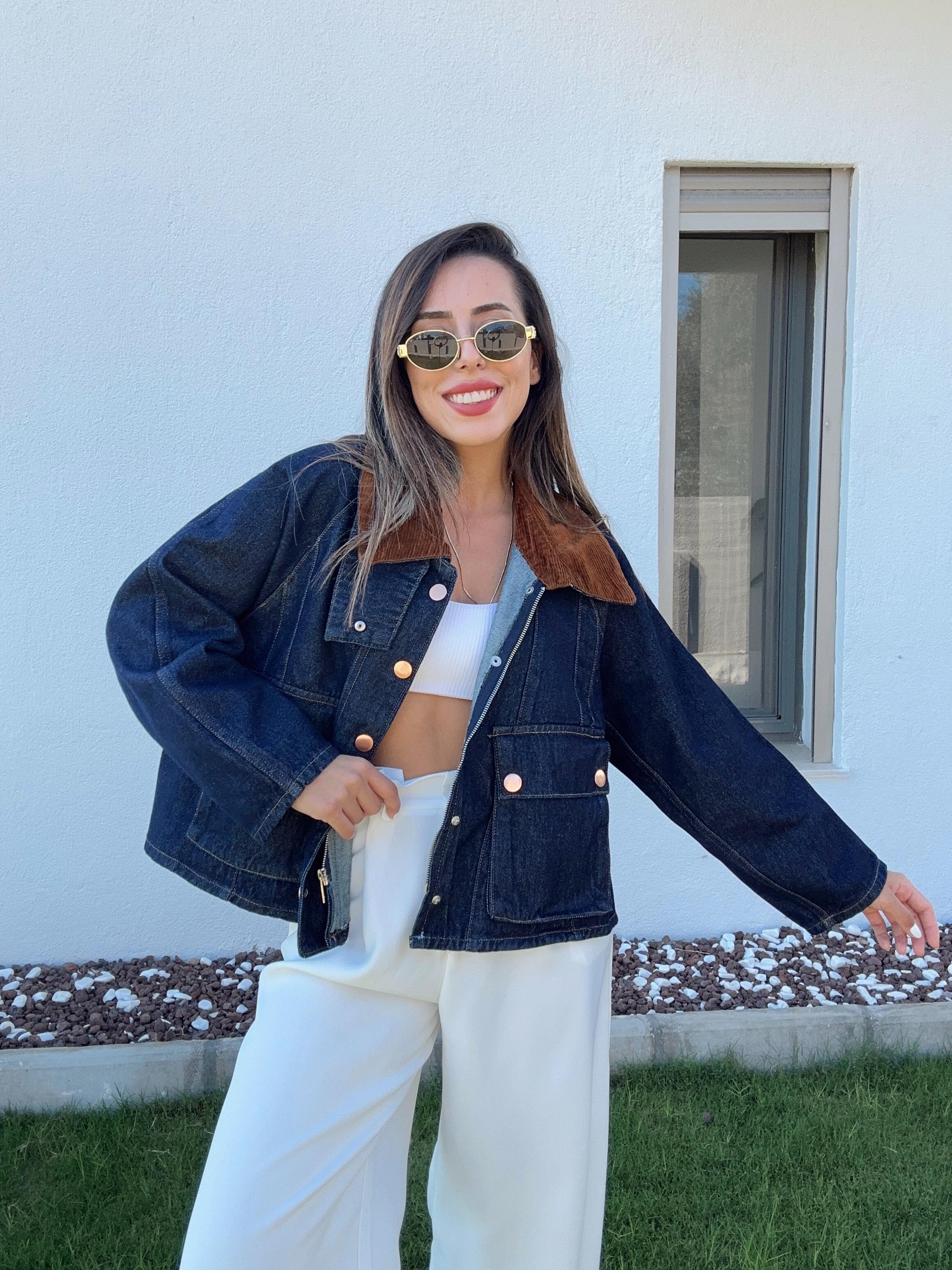 Denim Kadife Yaka Detaylı Ceket