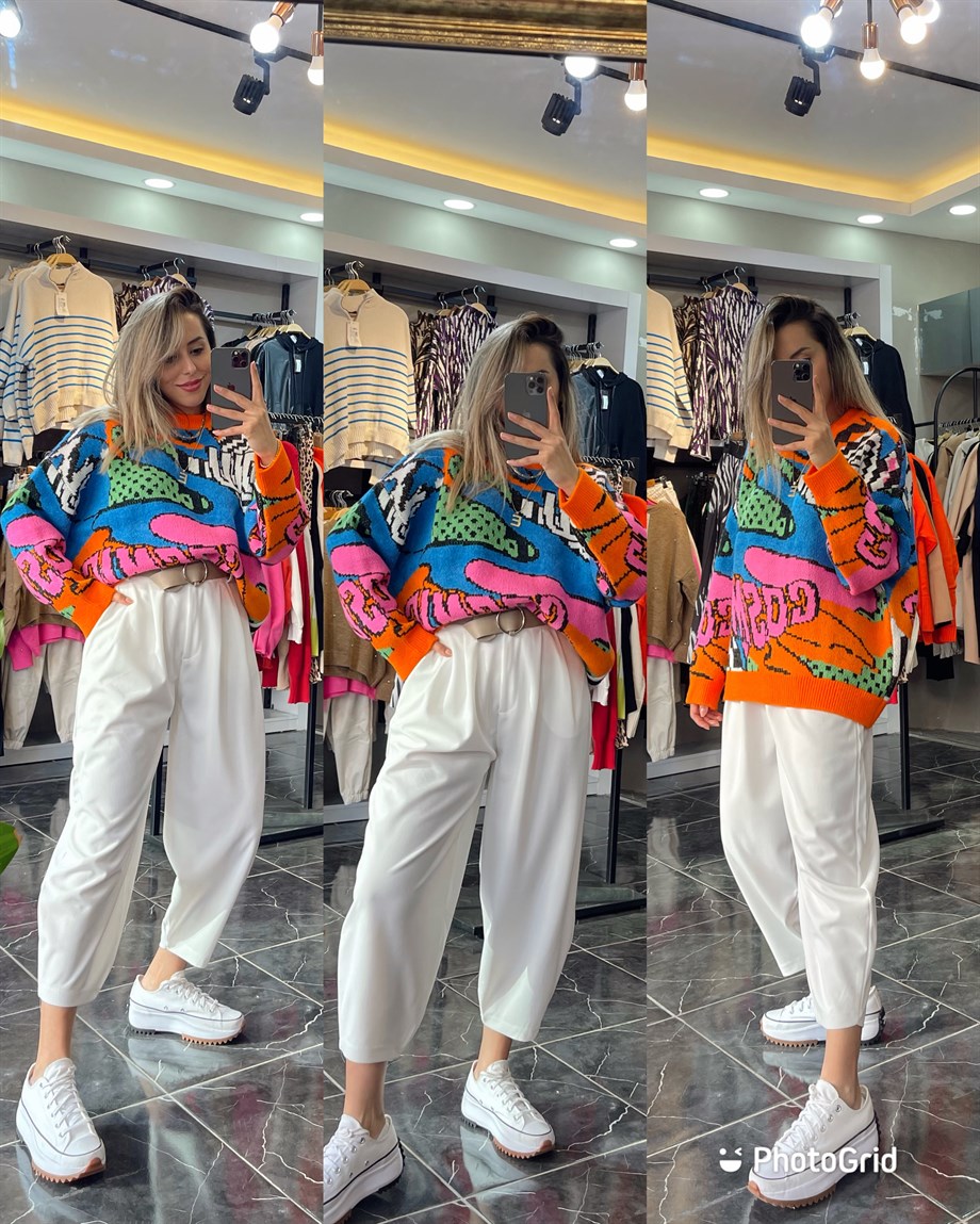 Desenli Triko Kazak-Oranj