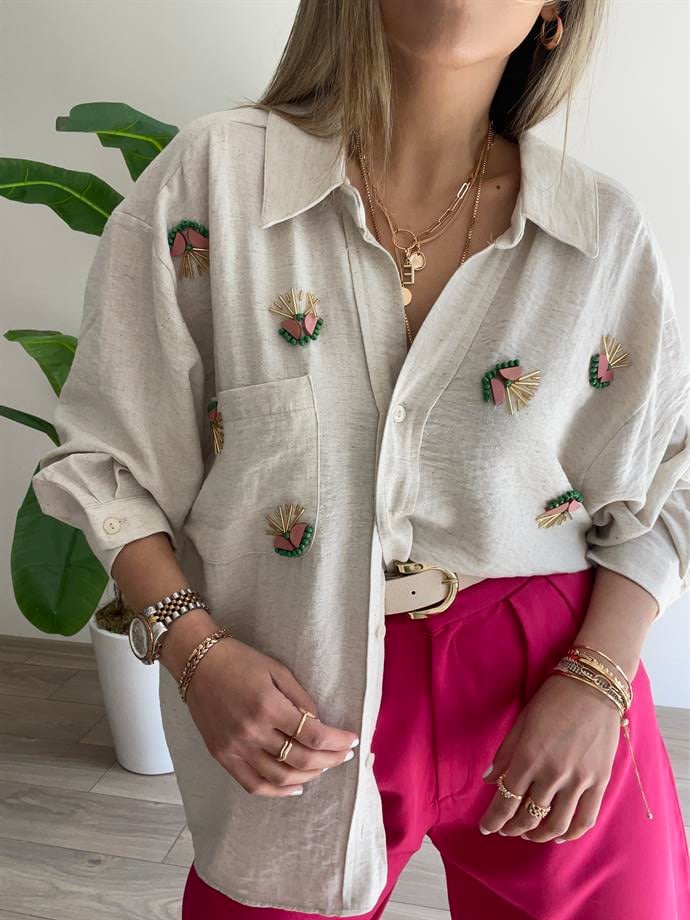 Düşük Omuzlu İşlemeli Gömlek