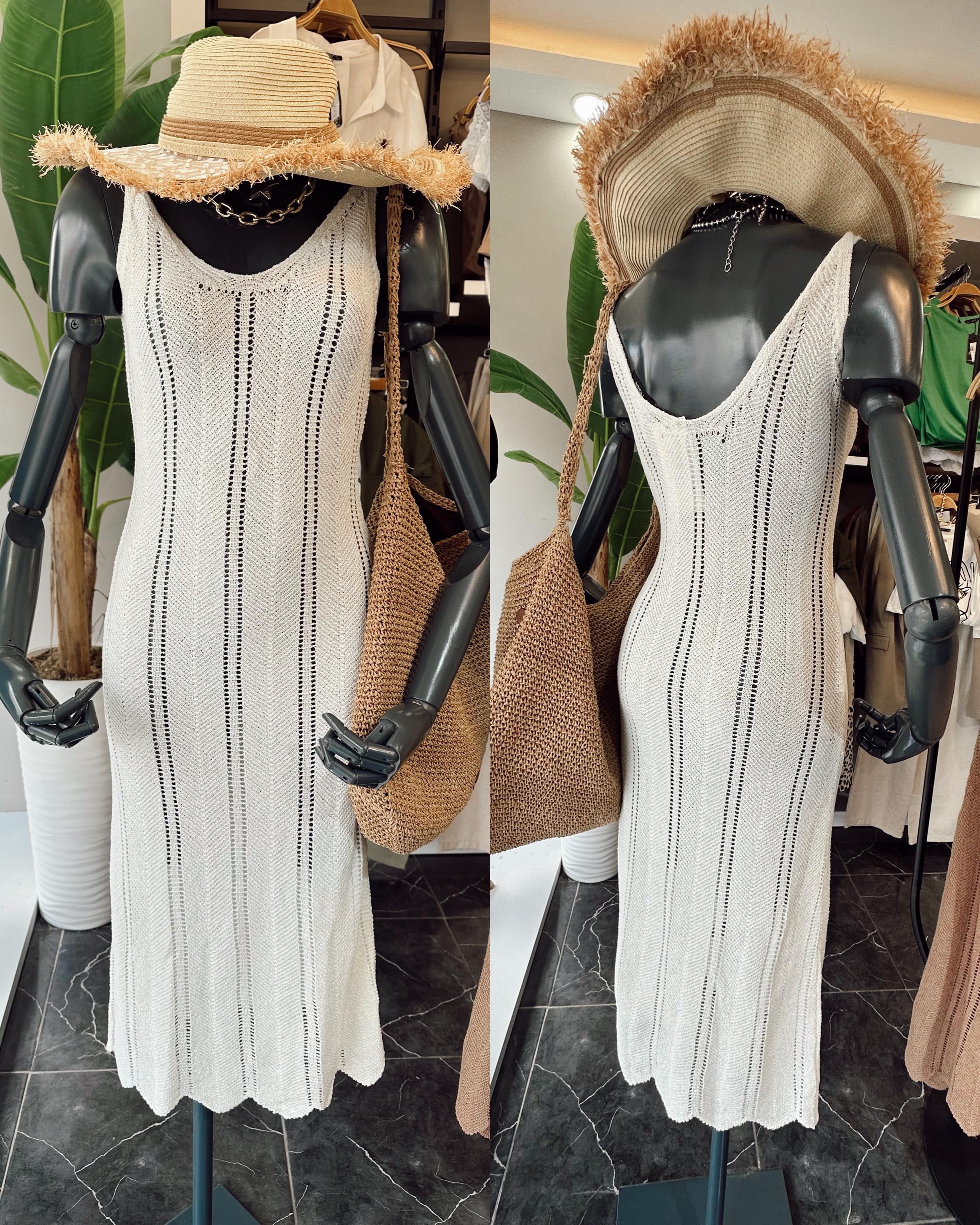 Ekru Ajurlu Triko Elbise