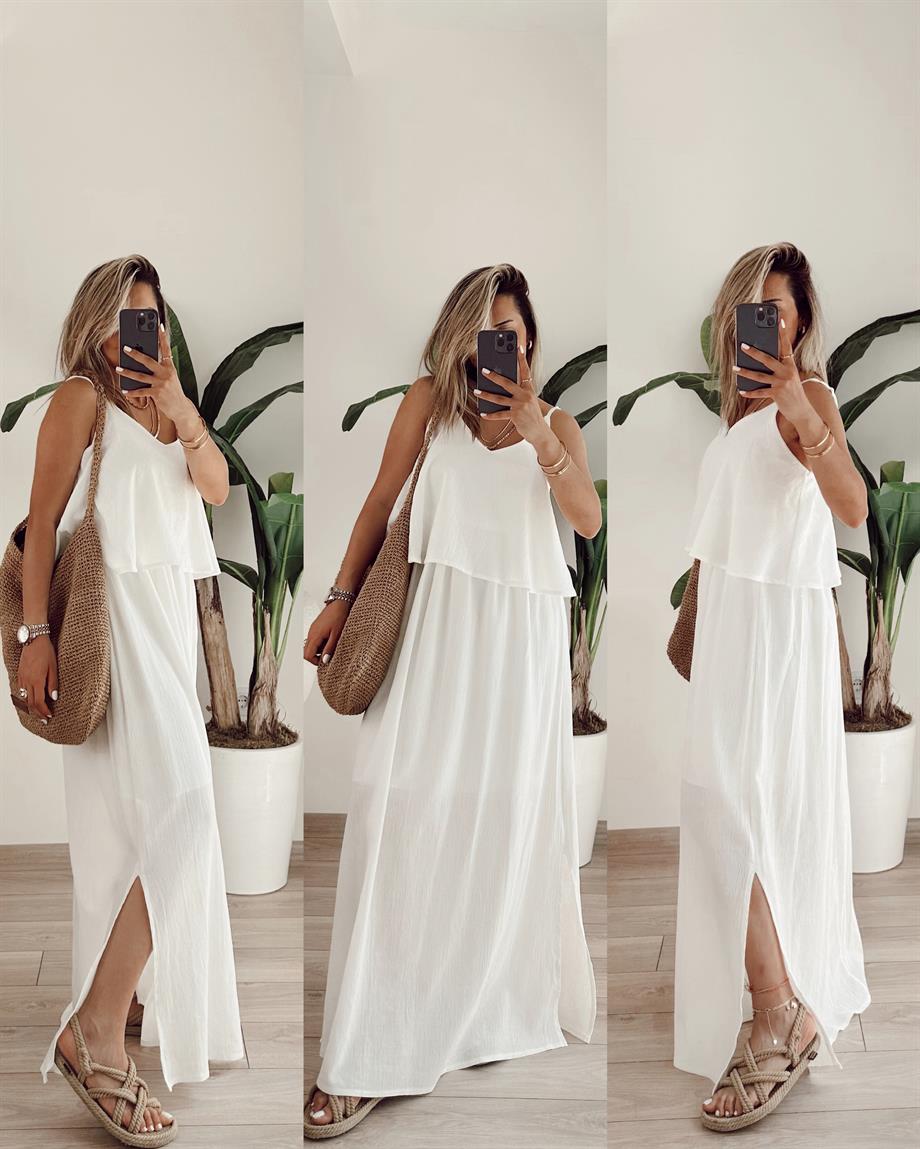 Ekru Askılı Salaş Elbise