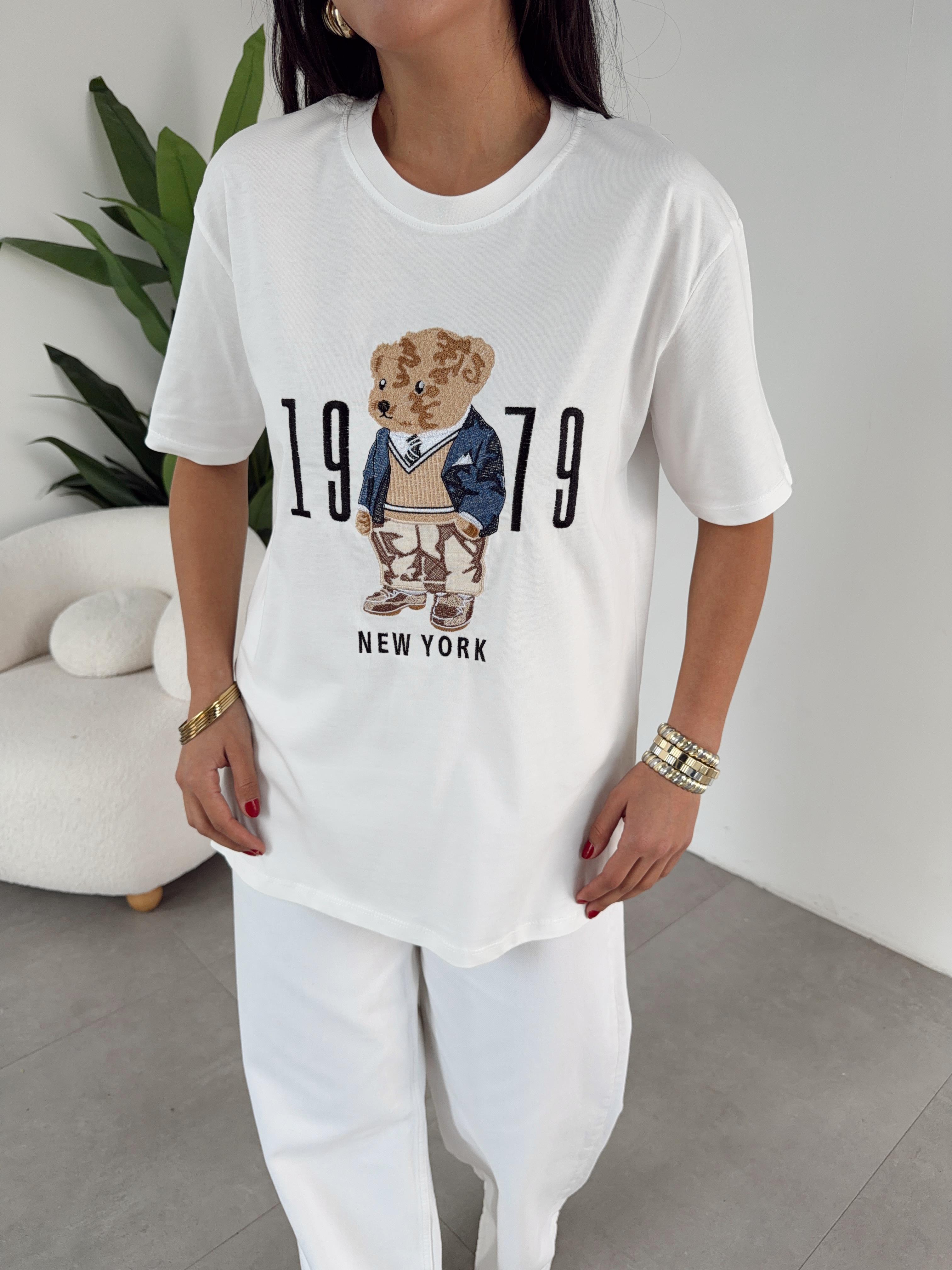 Ekru Ayıcık Baskılı Bisiklet Yaka Tshirt