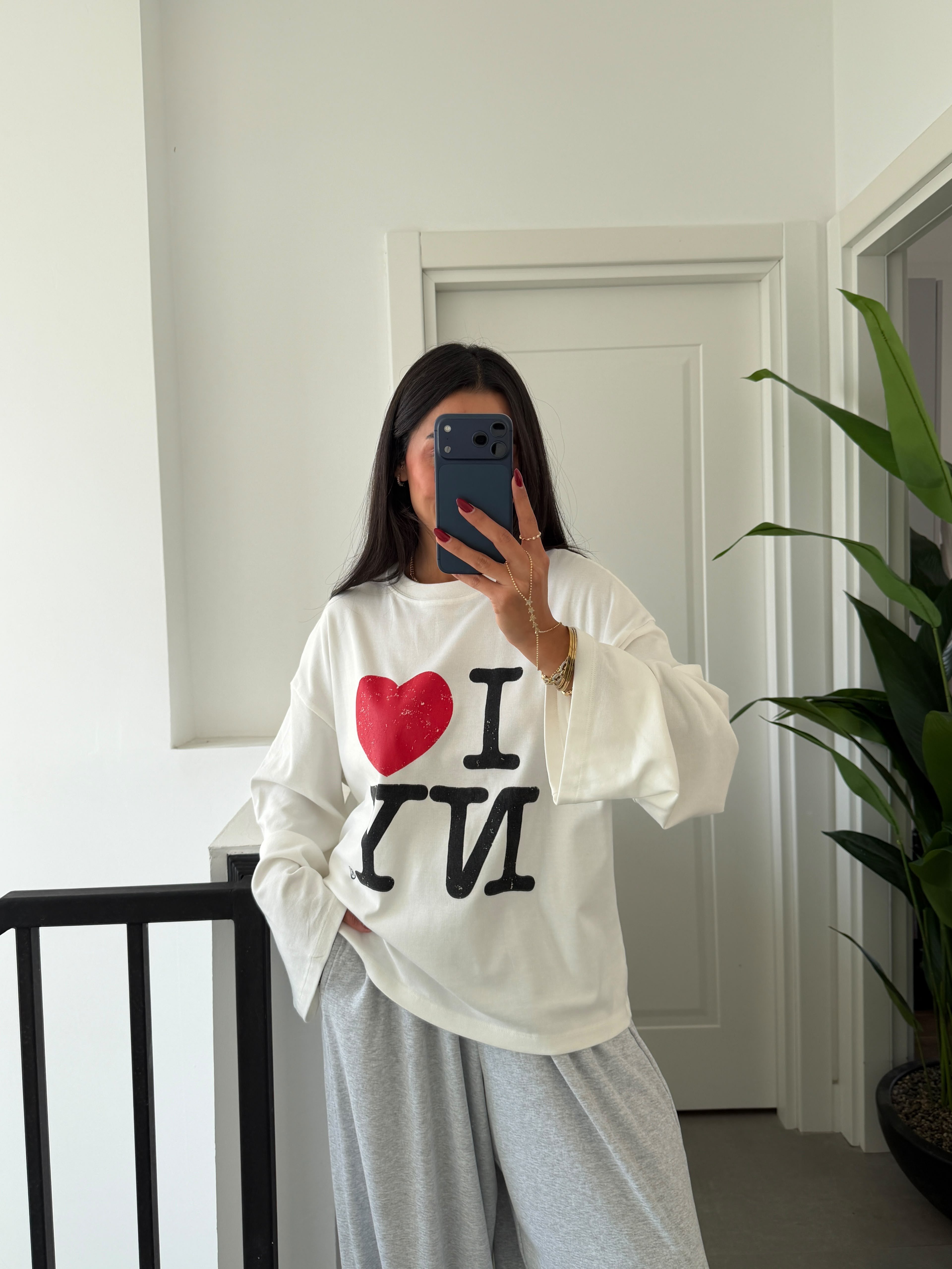 Ekru Baskılı Uzun Kollu Basic Tshirt