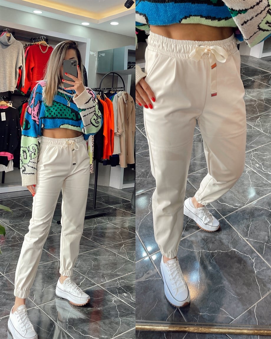 Ekru Beli Lastikli Deri Pantolon