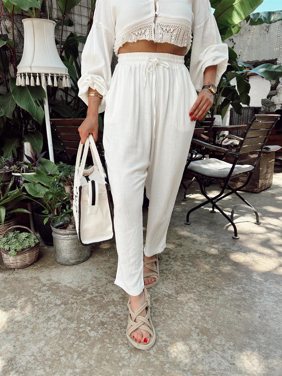Ekru Beli Lastikli Keten Pantolon