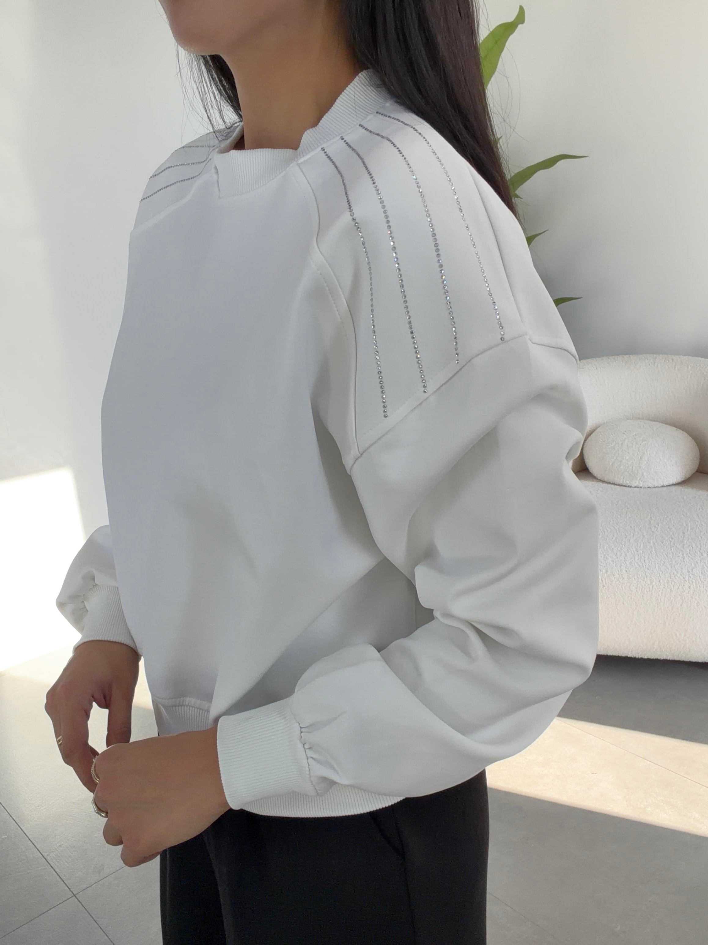 Ekru Bisiklet Yaka Omuz Taş Detaylı Sweat