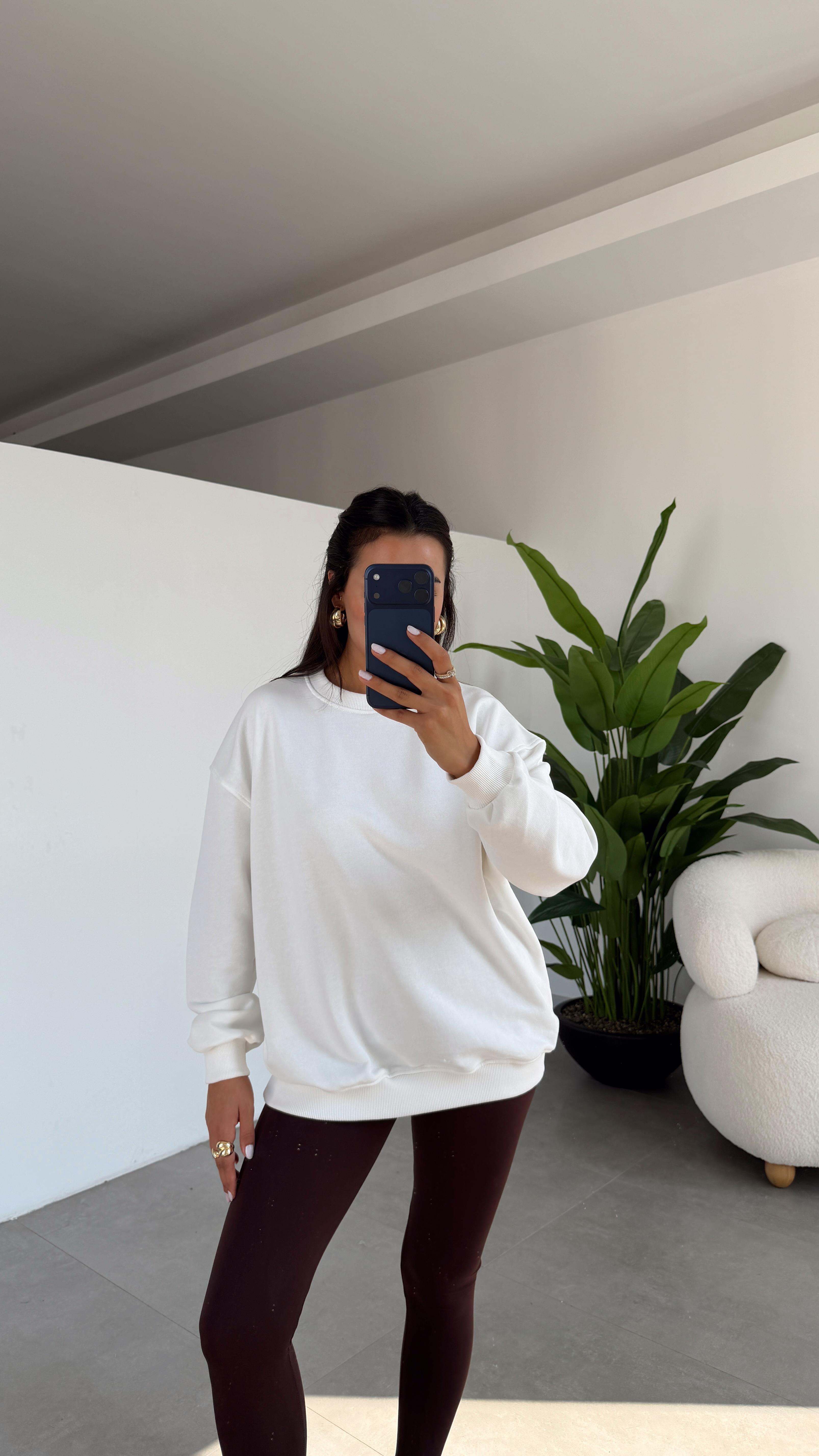 Ekru Bisiklet Yaka Oversize Sweat