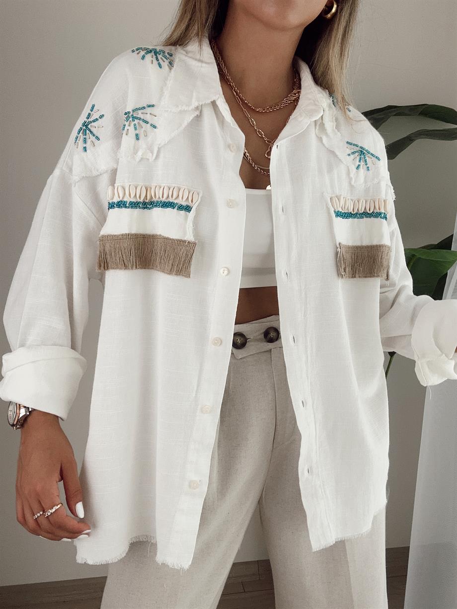 Ekru Deniz Kabuklu Boncuk İşlemeli Keten Gömlek