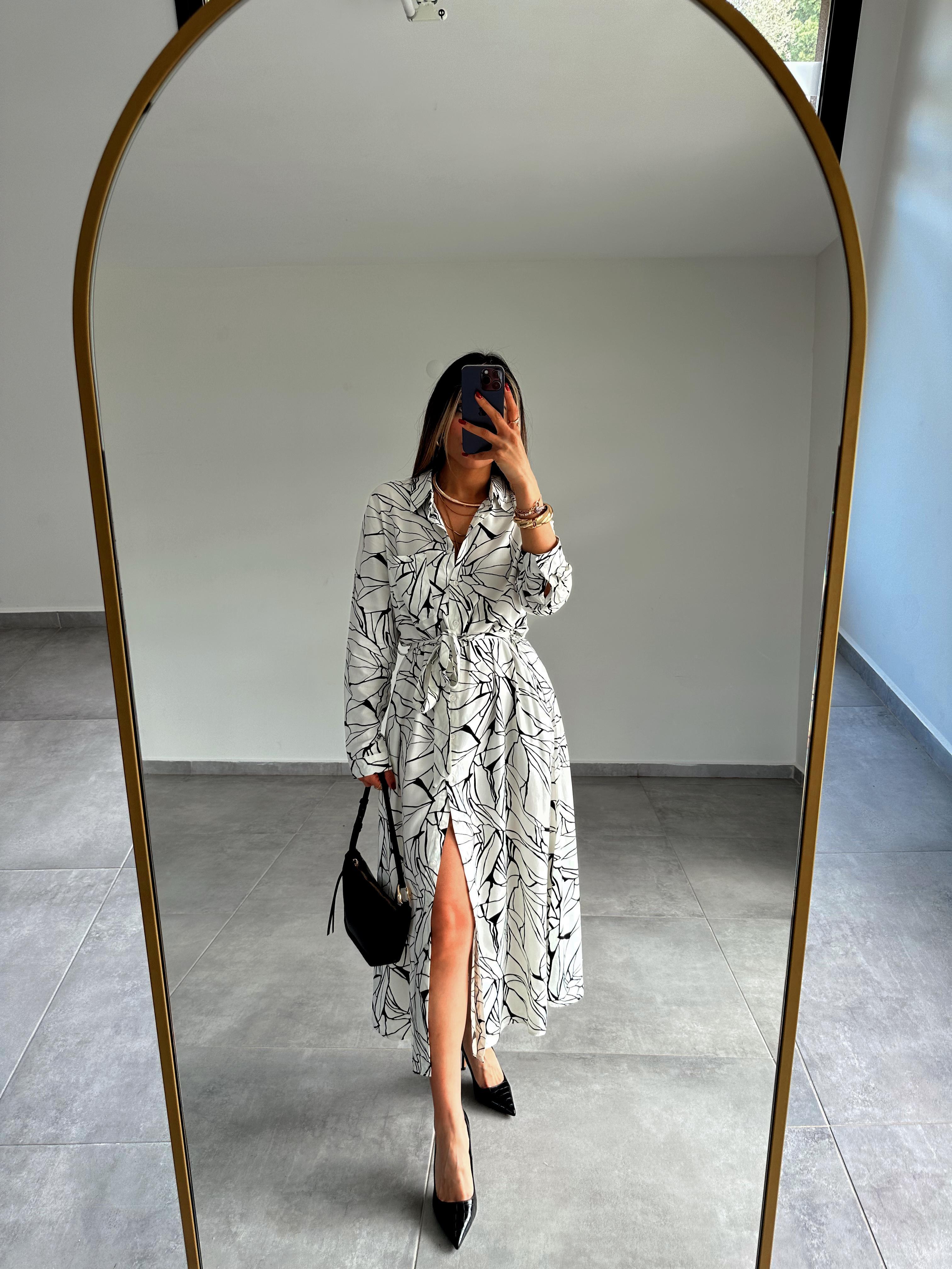 Ekru Desenli Midi Önden Düğmeli Elbise