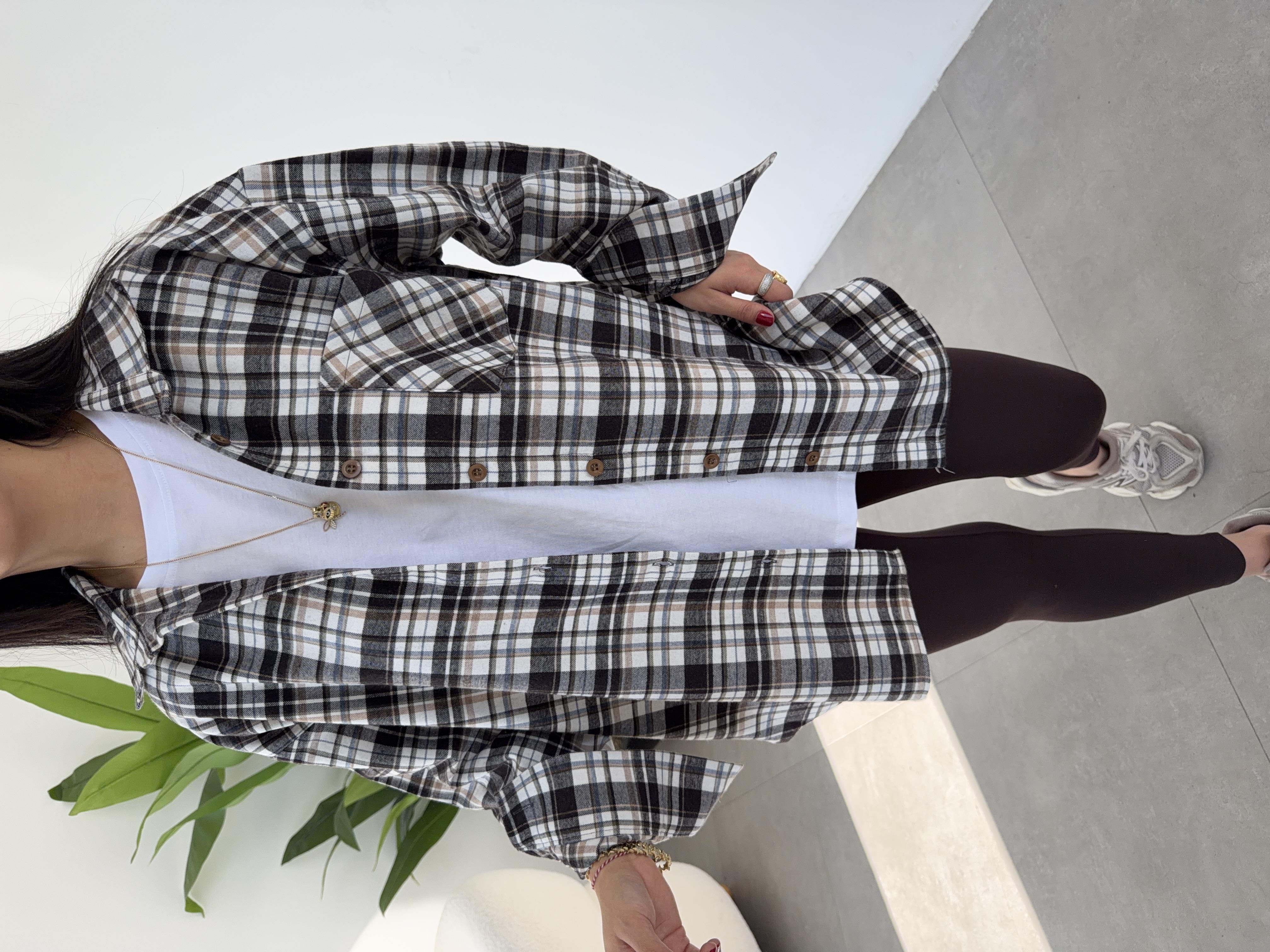 Ekru Ekose Pamuk Oversize Gömlek