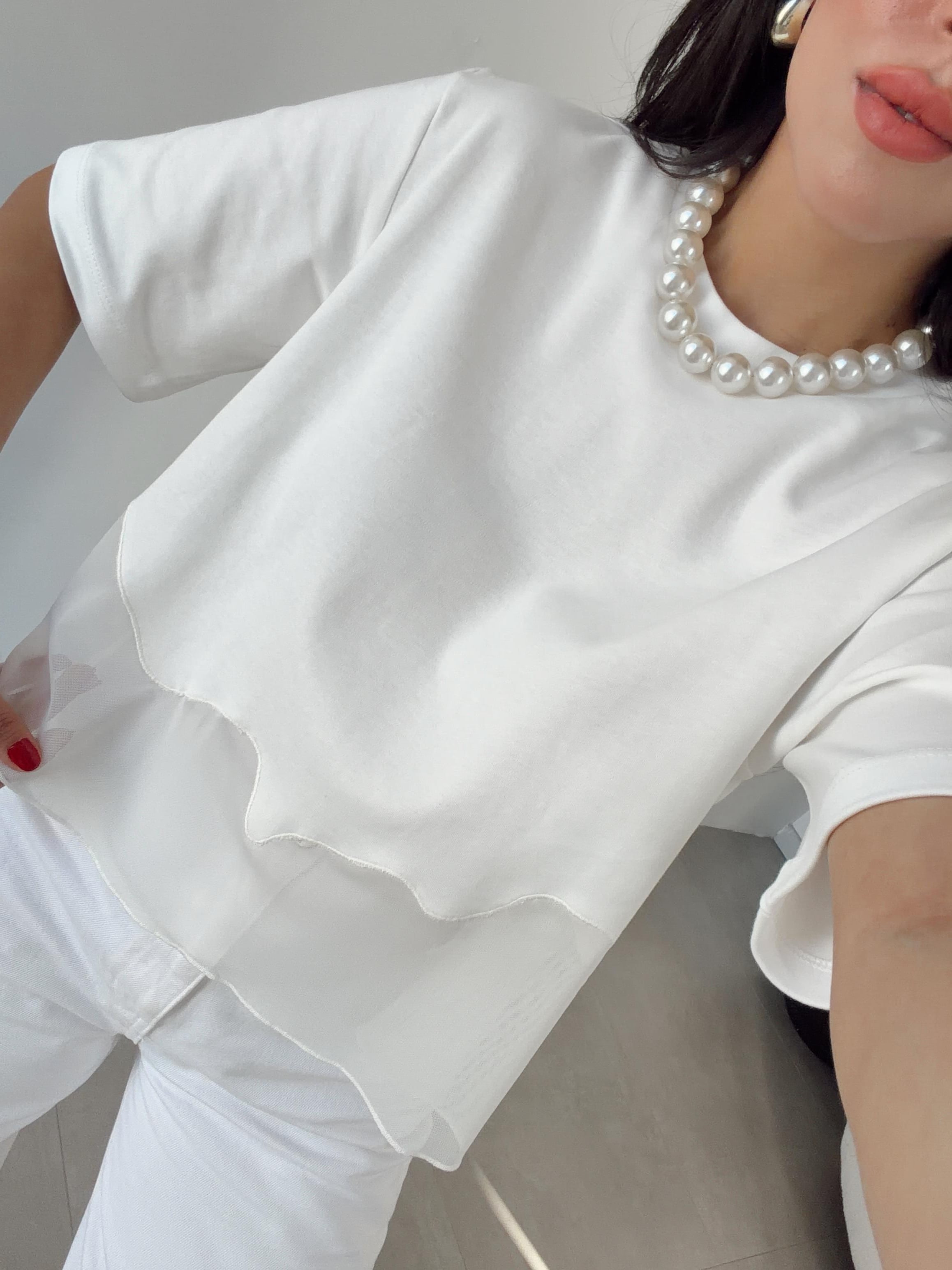 Ekru Eteği Tül Garnili Tshirt