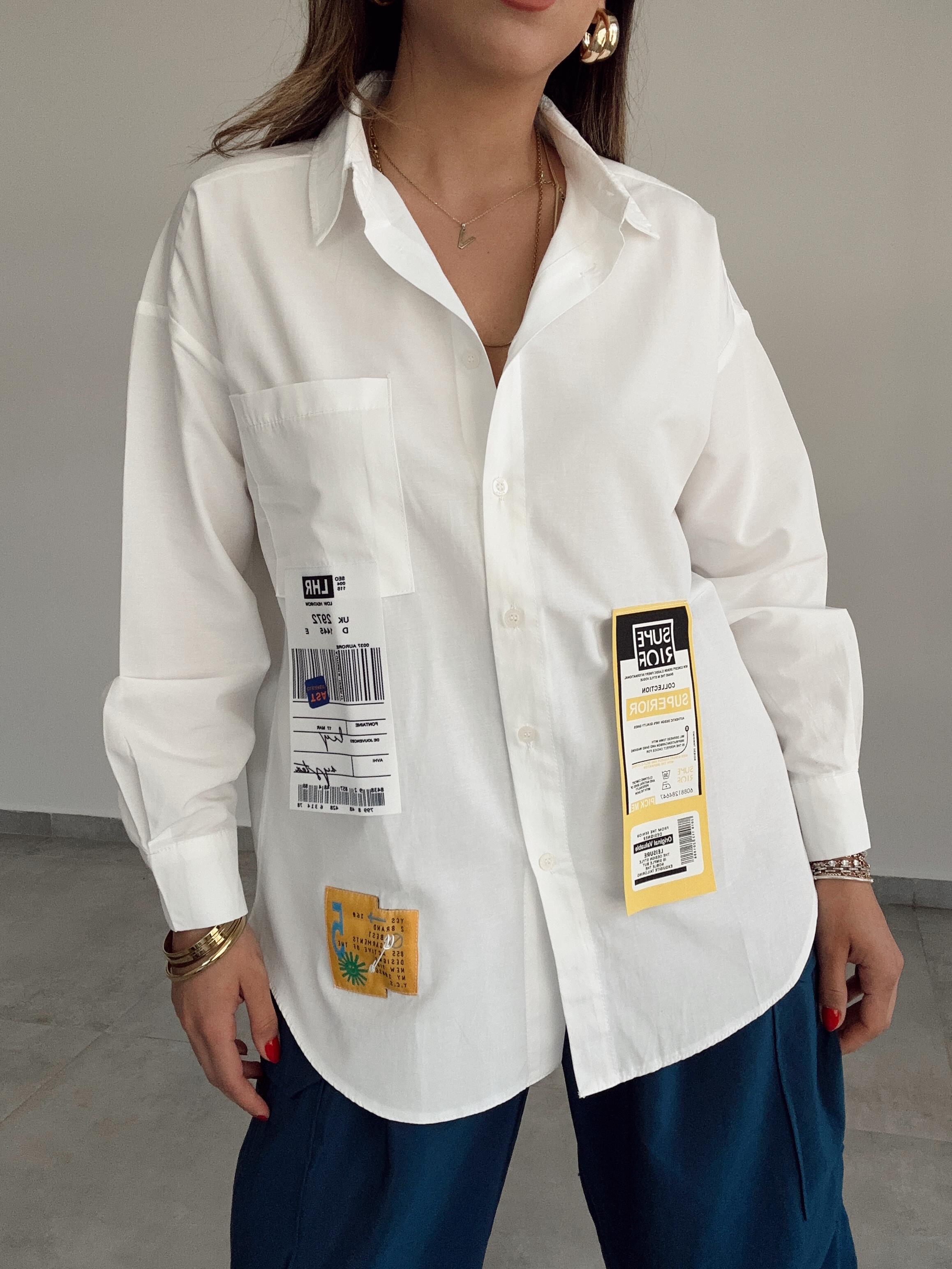 Ekru Etiket Detaylı Oversize Gömlek