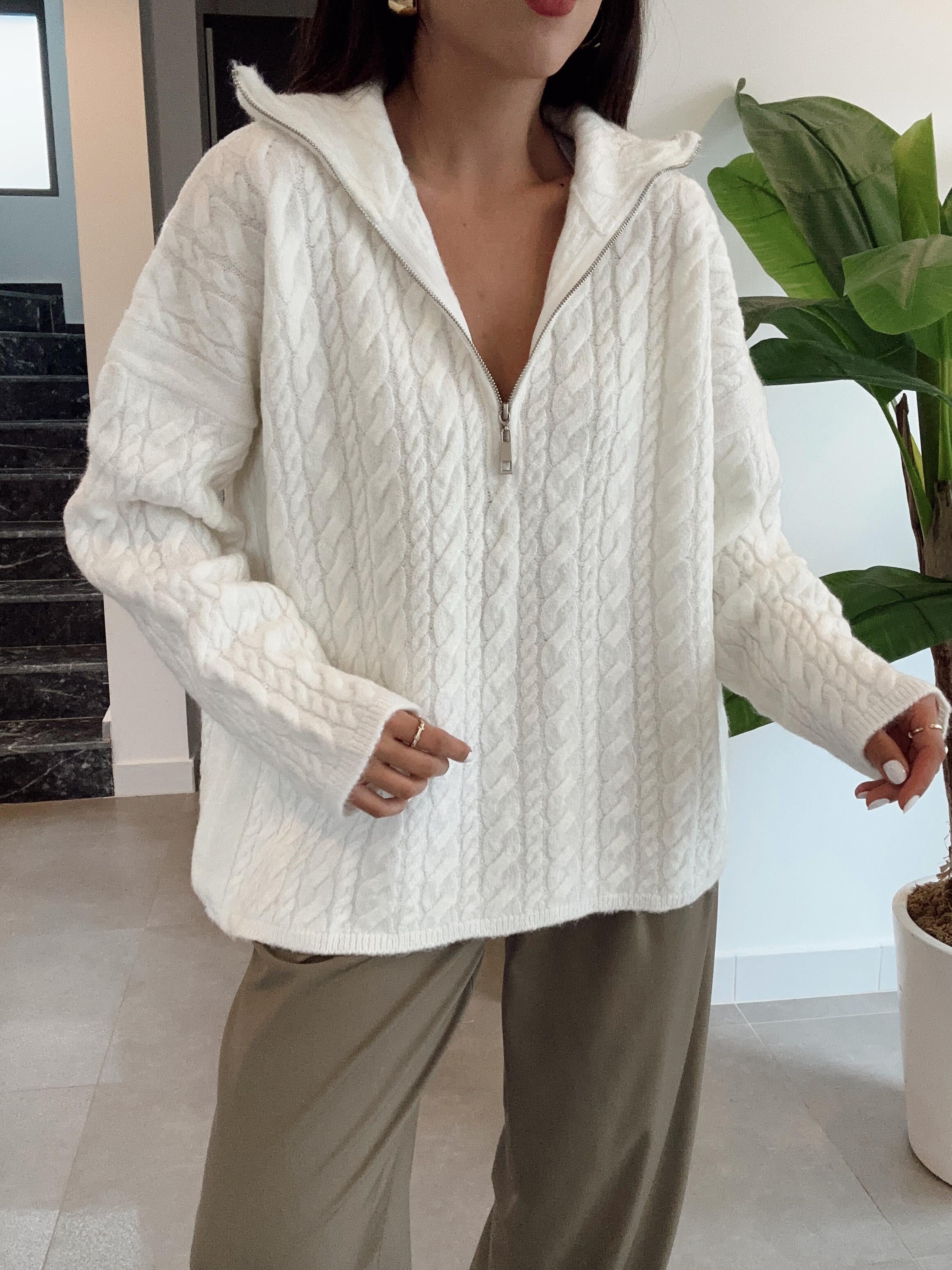 Ekru Fermuarlı Triko Kazak