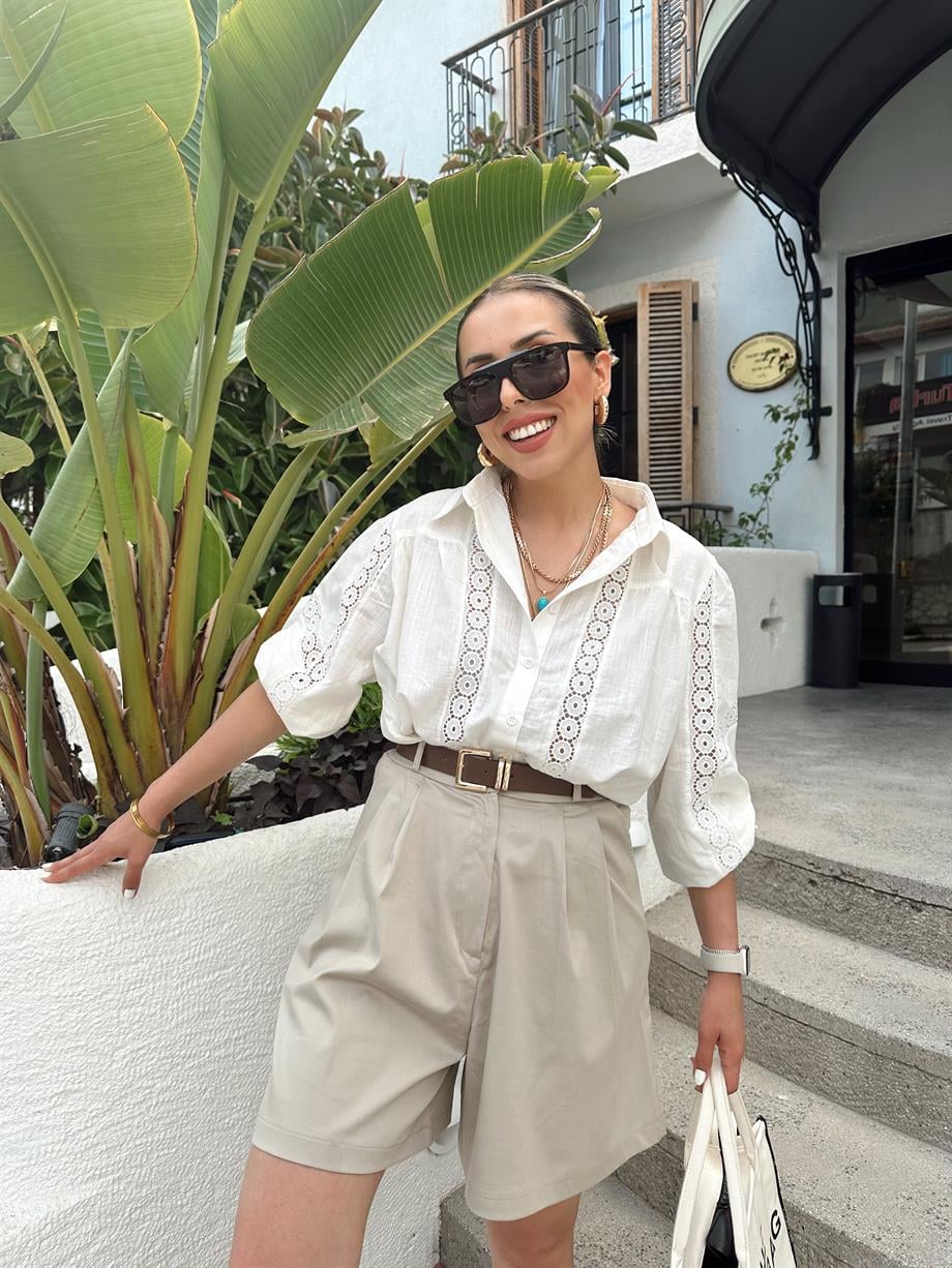 Ekru Fisto Detaylı Gömlek