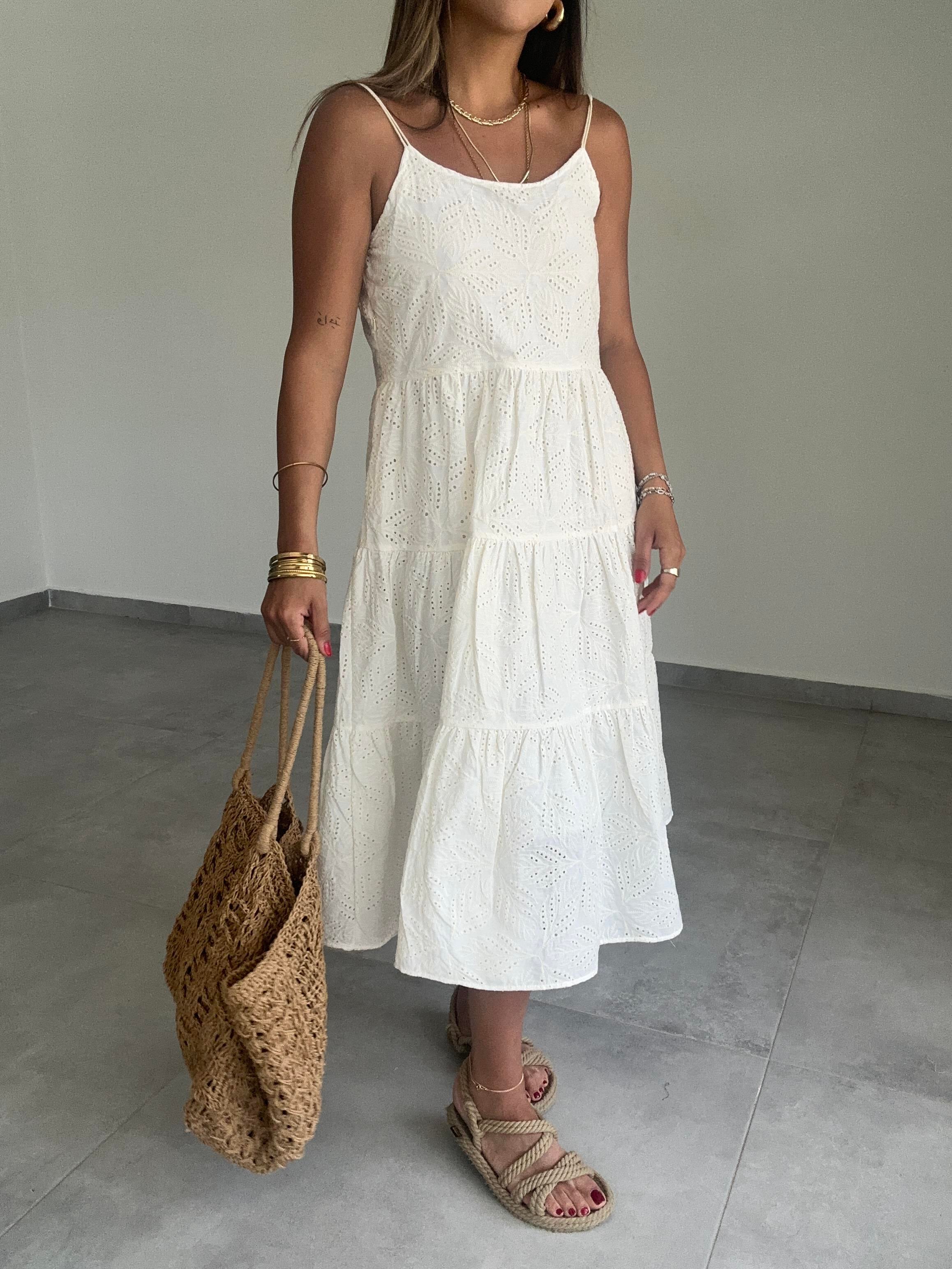 Ekru Güpür İşlemeli Askılı Elbise