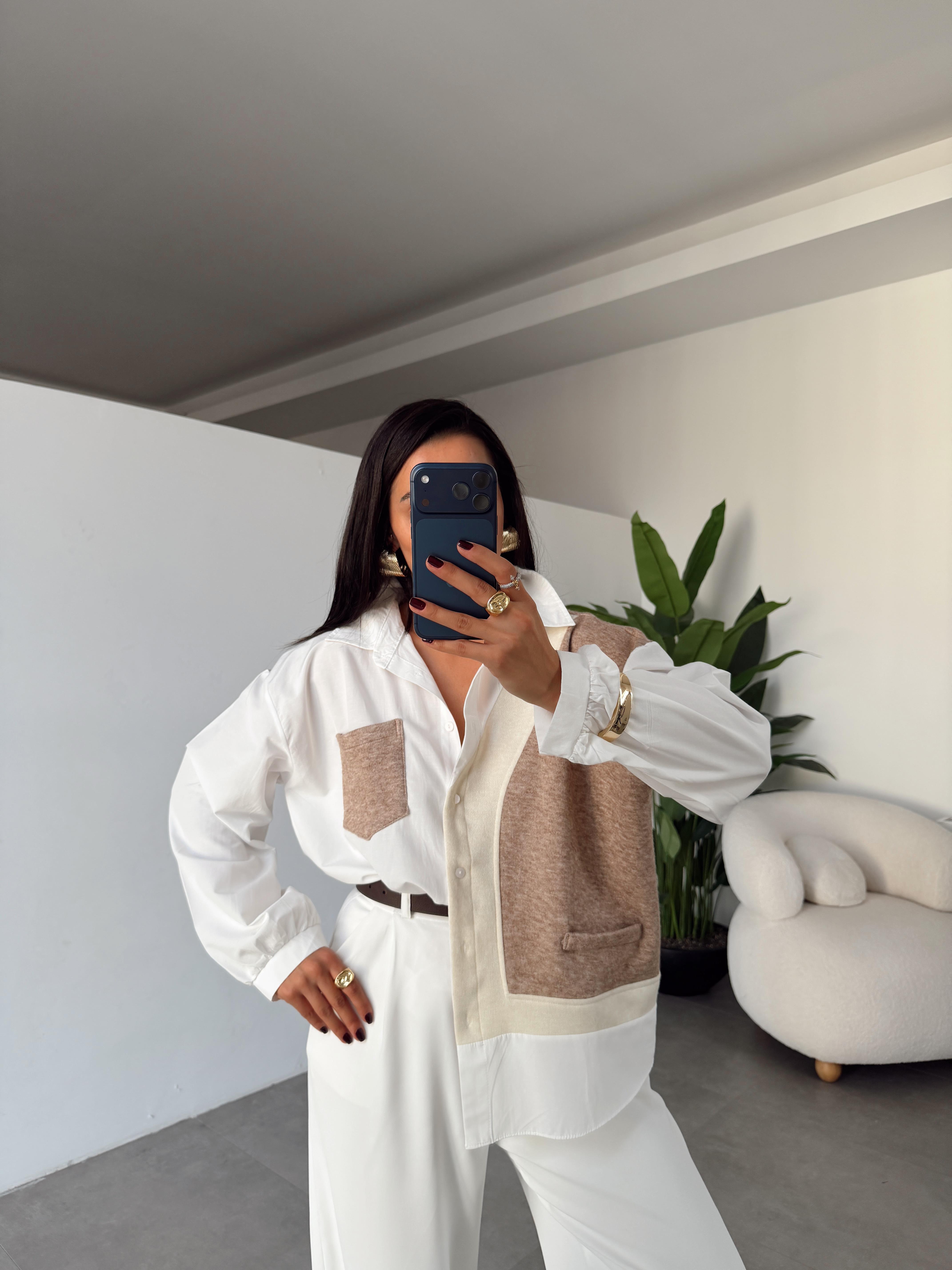 Ekru-Kahve Triko Detaylı Tasarım Gömlek