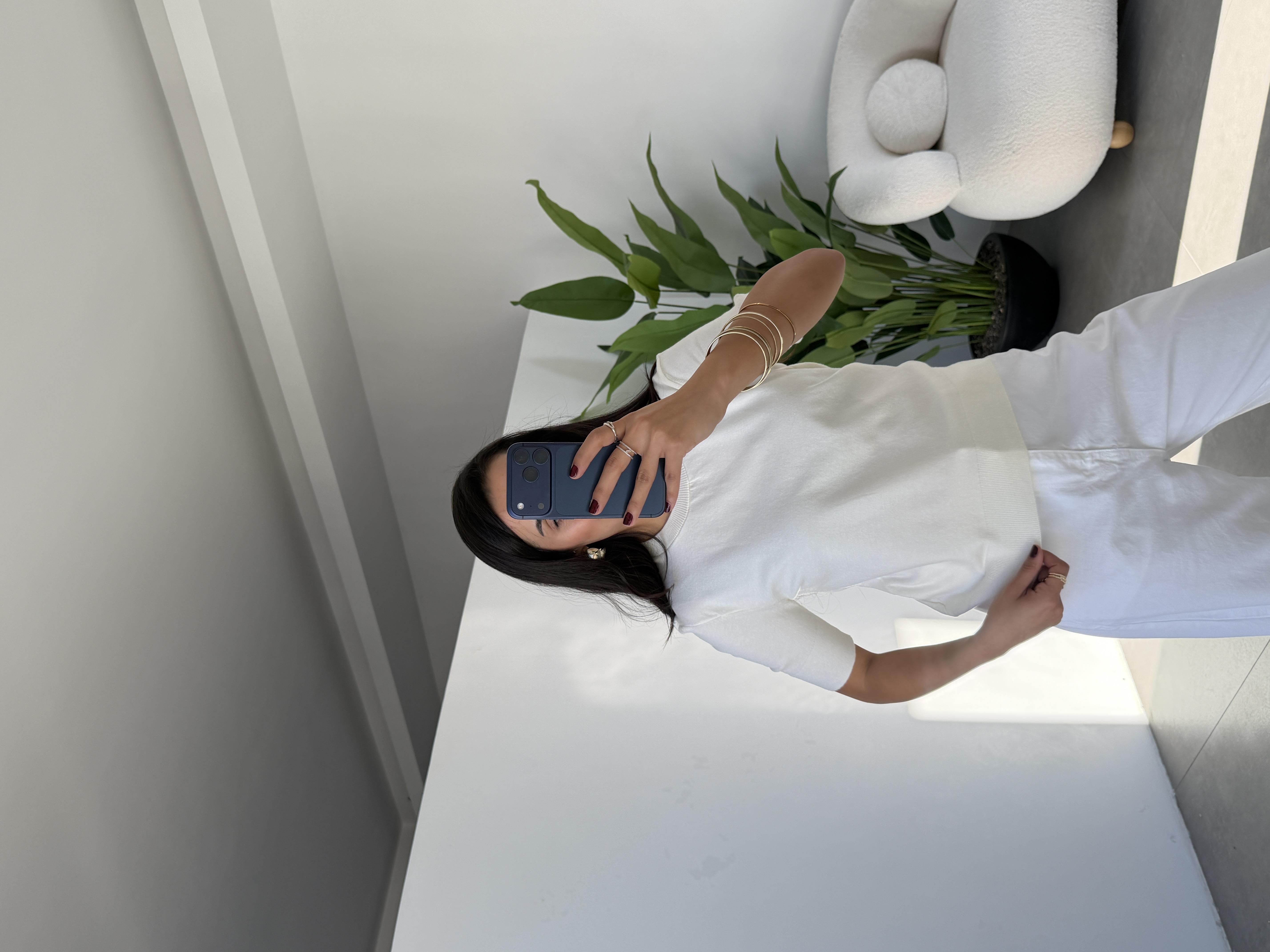 Ekru Kısa Kollu Triko Kazak