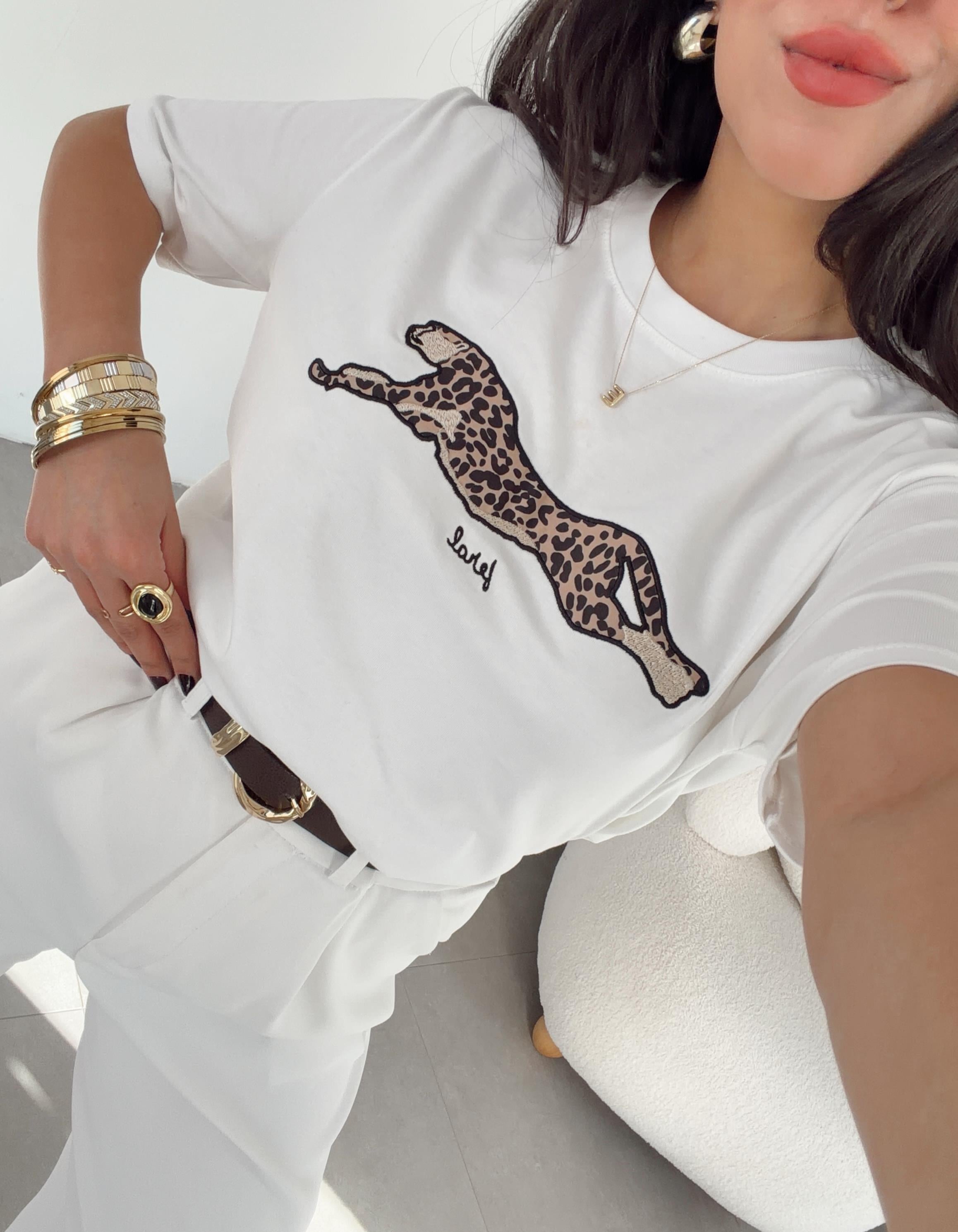 Ekru Leopar Desenli Oversize Tshirt