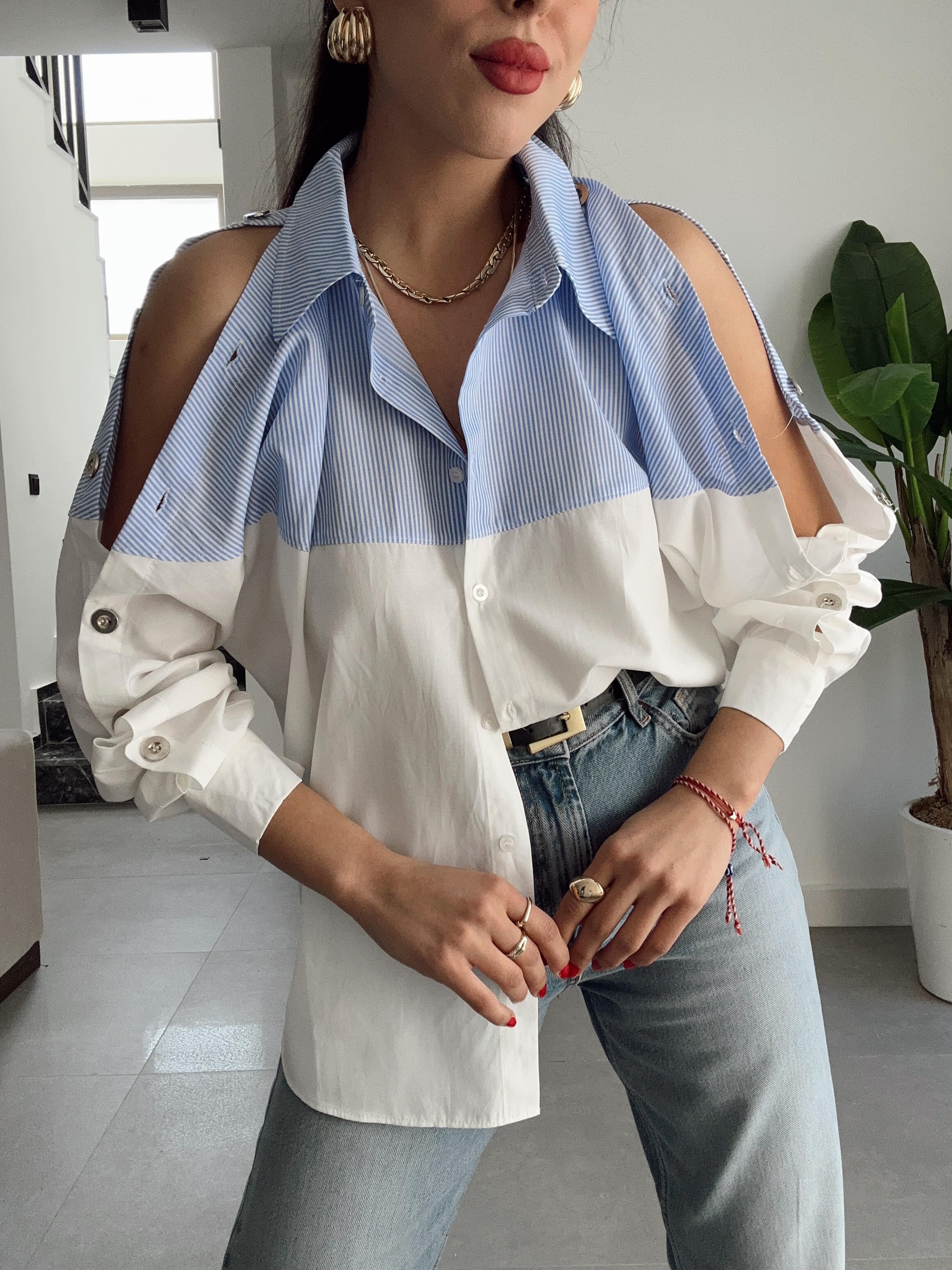 Ekru Mavi Çizgili Gömlek