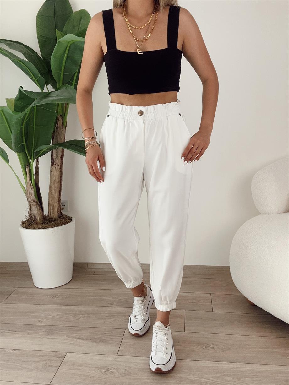 Ekru Paça Lastikli Pantolon