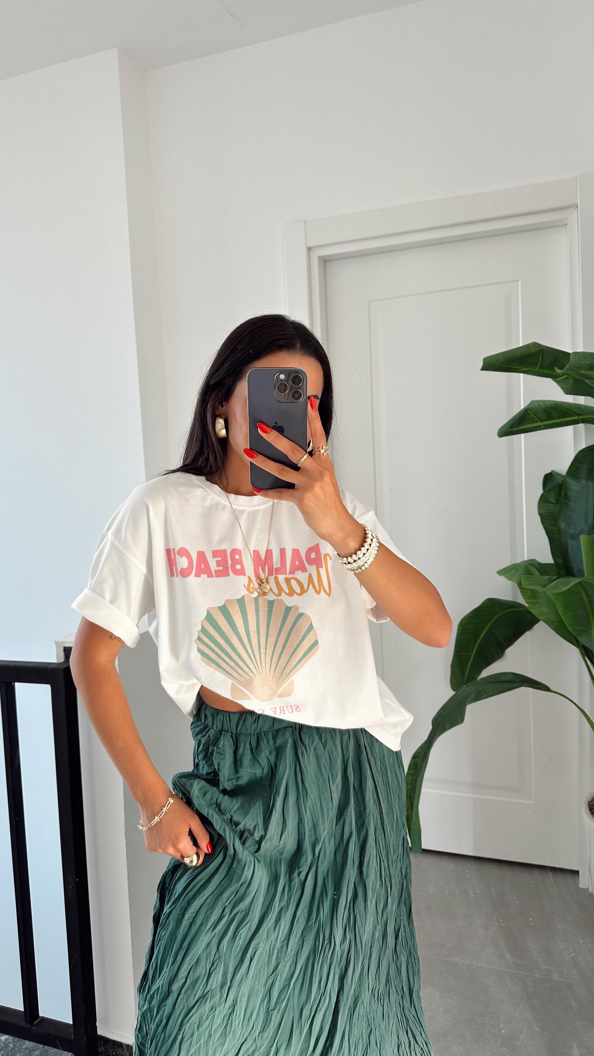 Ekru Palm Beach Baskılı Tshirt