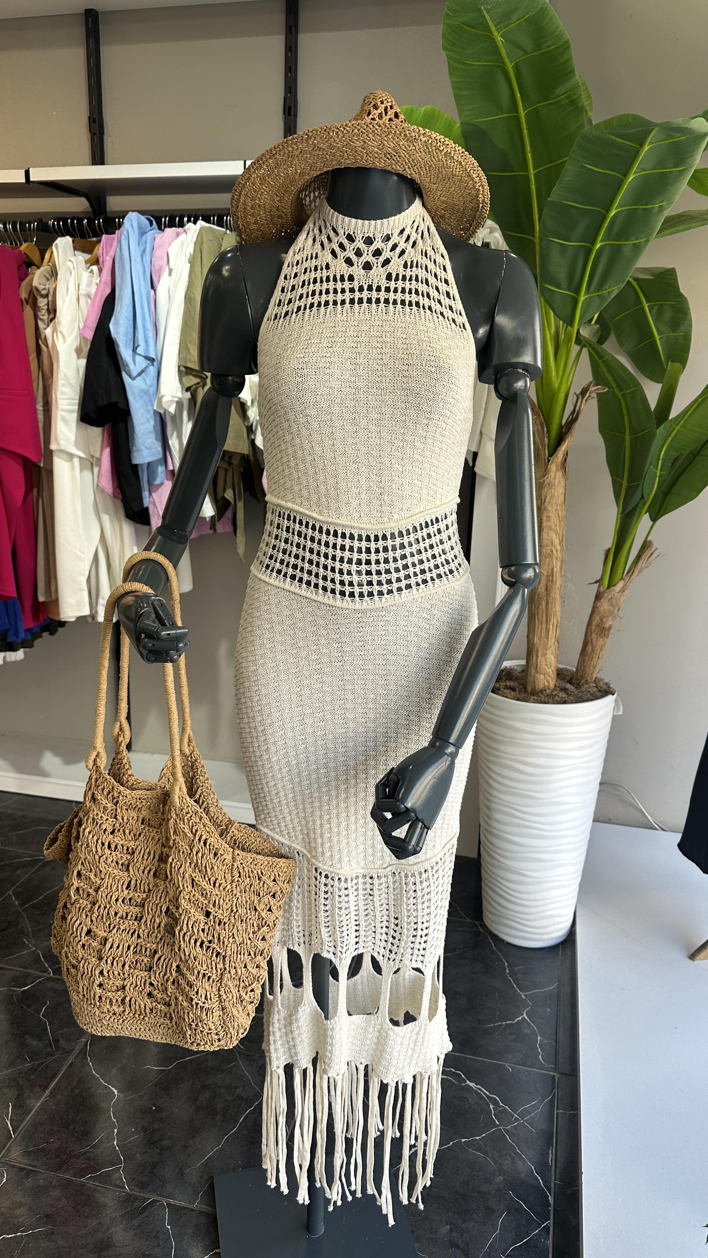 Ekru Püsküllü Uzun Elbise