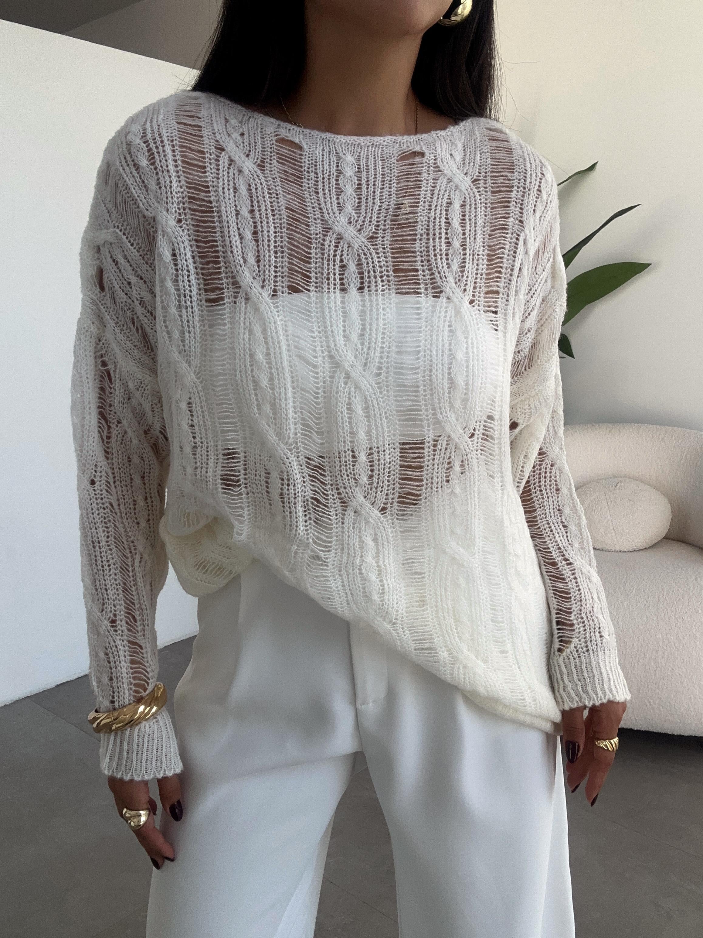 Ekru Saç Örgülü Ajurlu Kazak