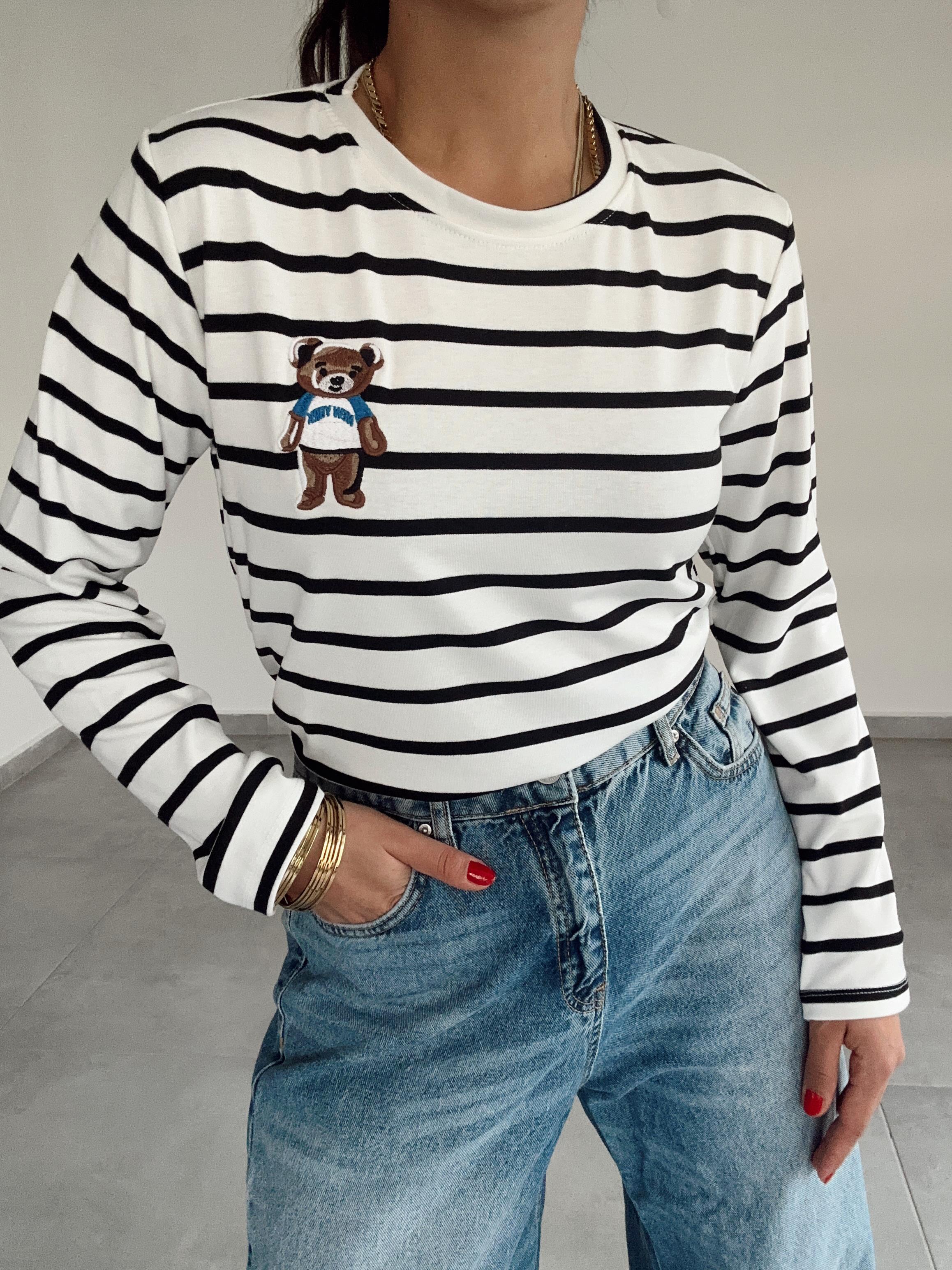 Ekru-Siyah Çizgili Teddy Bluz