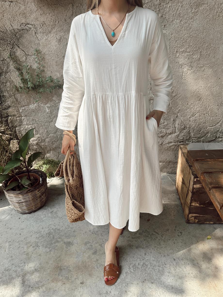 Ekru V Yaka Keten Elbise