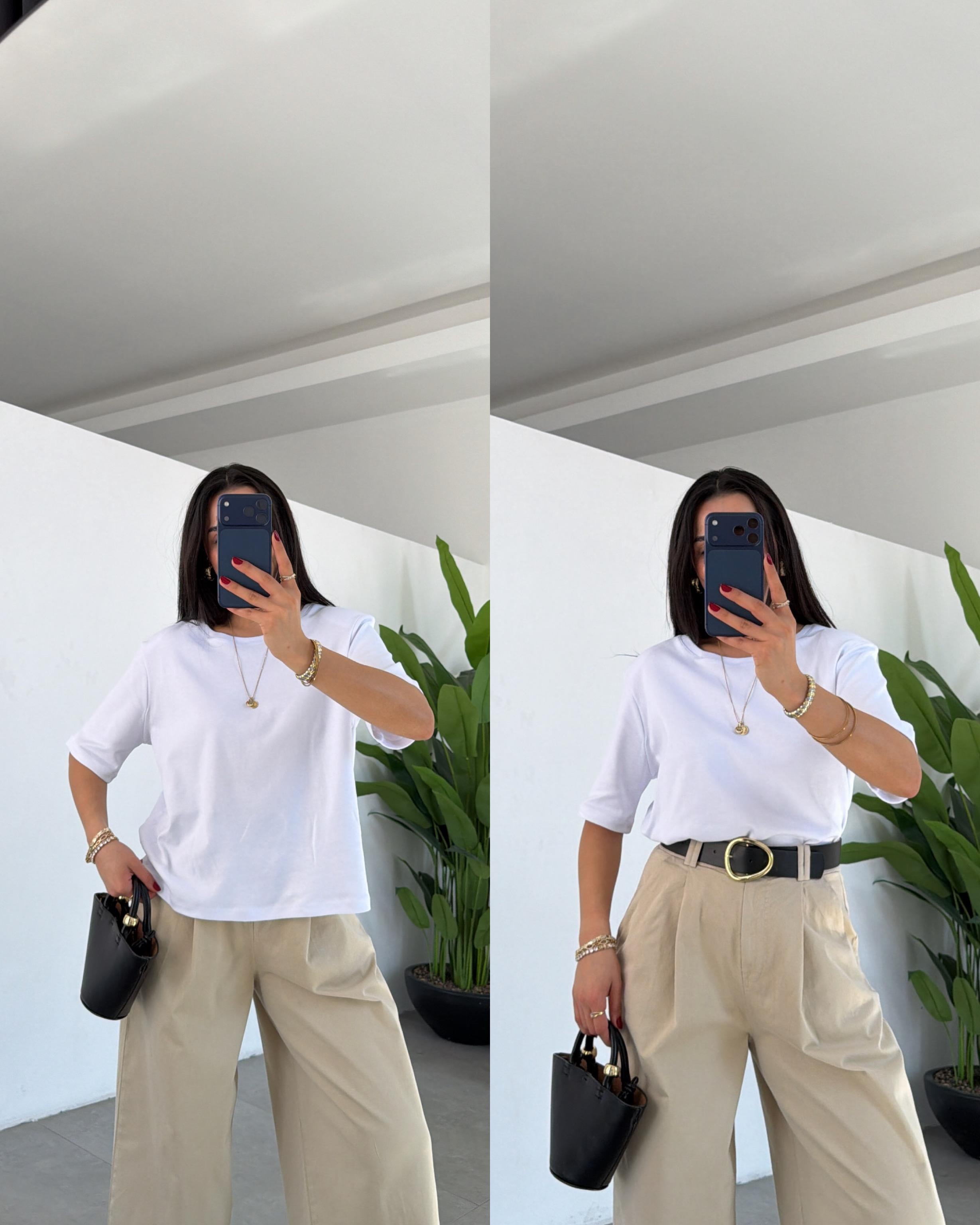 Ekru Vatkalı Basic Yaka Tshirt