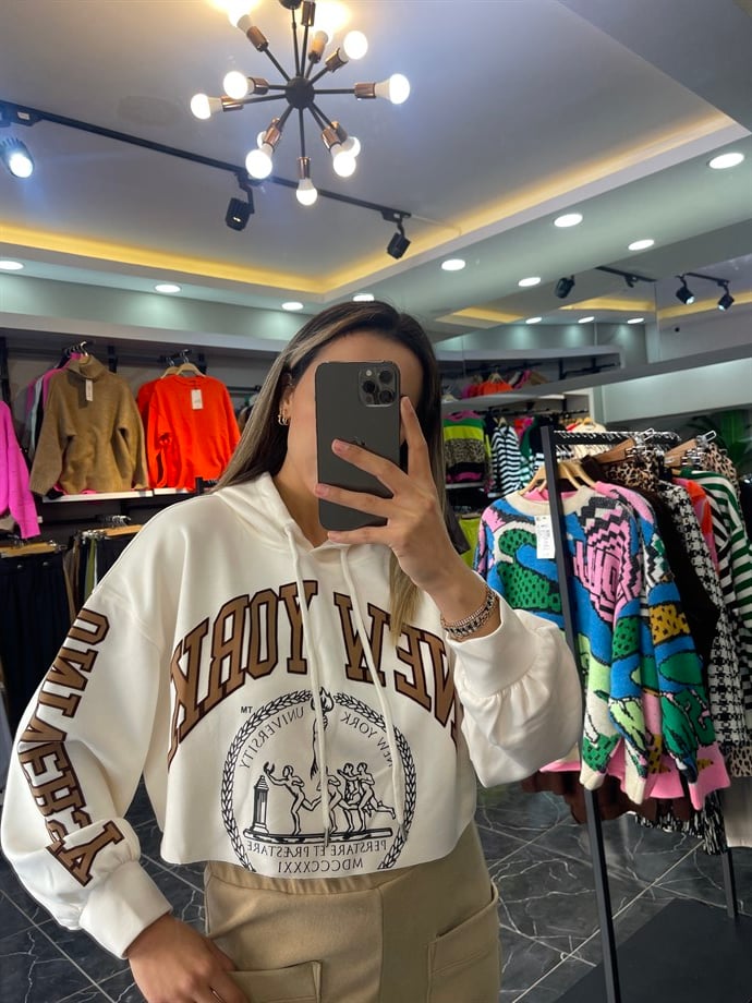 Ekru Yazılı Kapşonlu Sweat