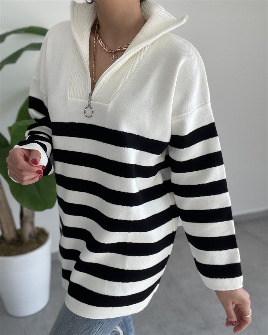 Fermuarlı Çizgili Ekru-Siyah Triko Kazak